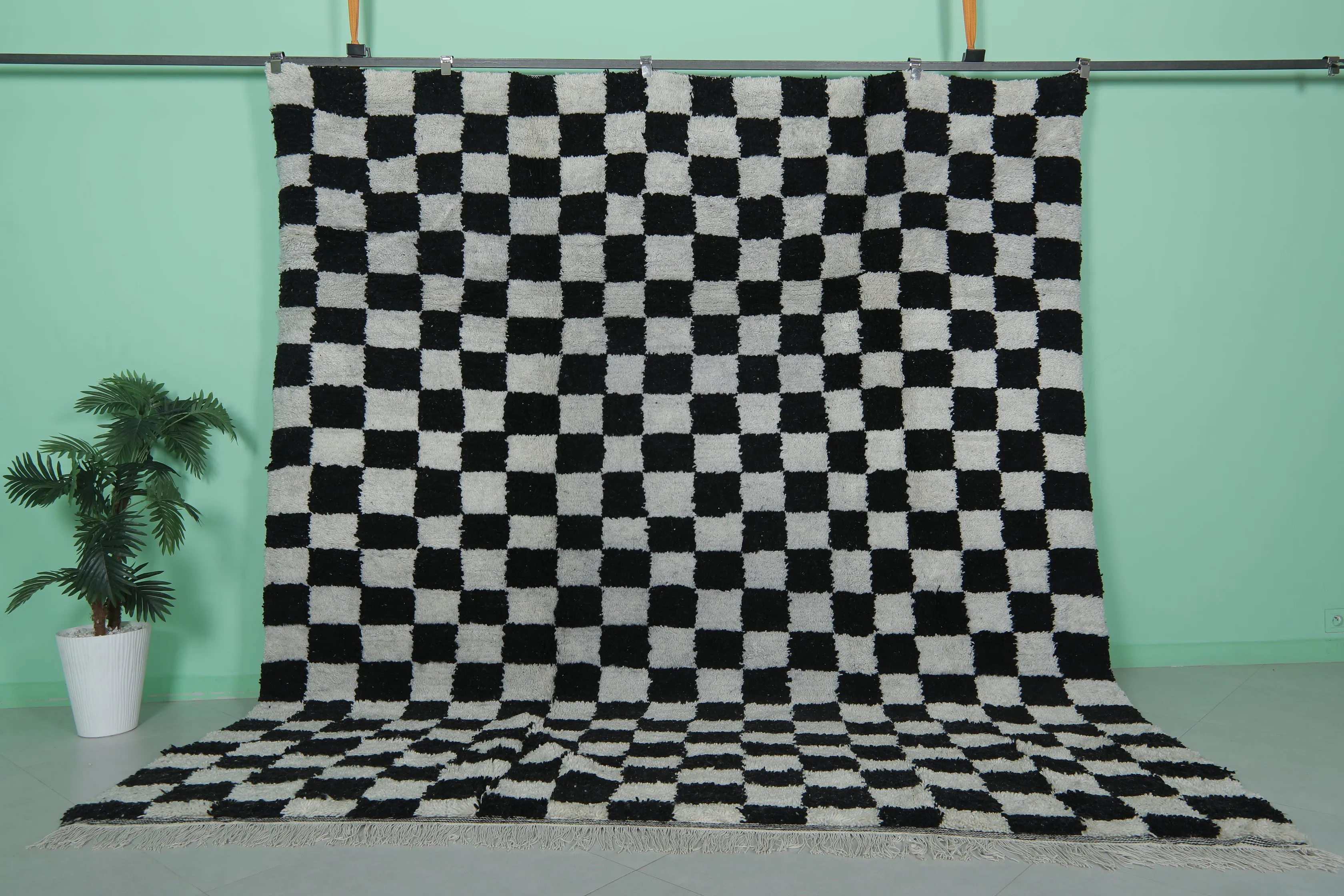 Moroccan Checkered Rug - 9.1 x 9.9 ft - Black and White Handmade Wool Rug