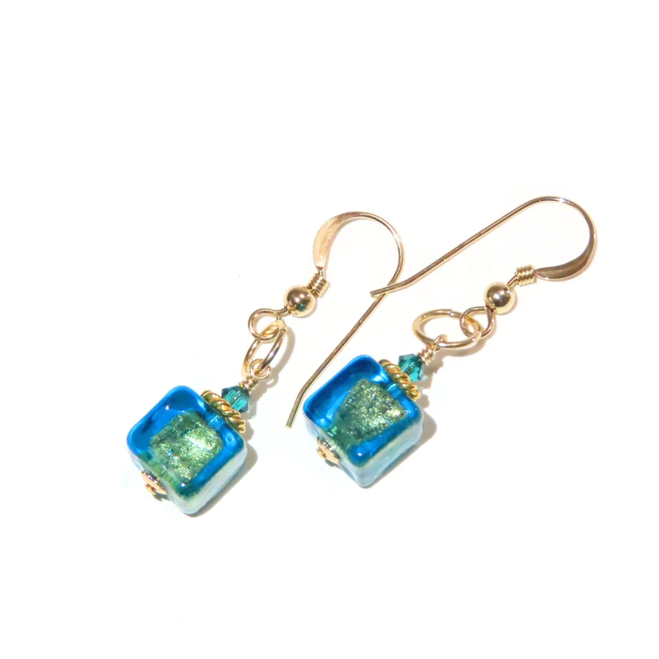 Murano Glass Aqua Cube Gold Earrings, Fishhook Earrings