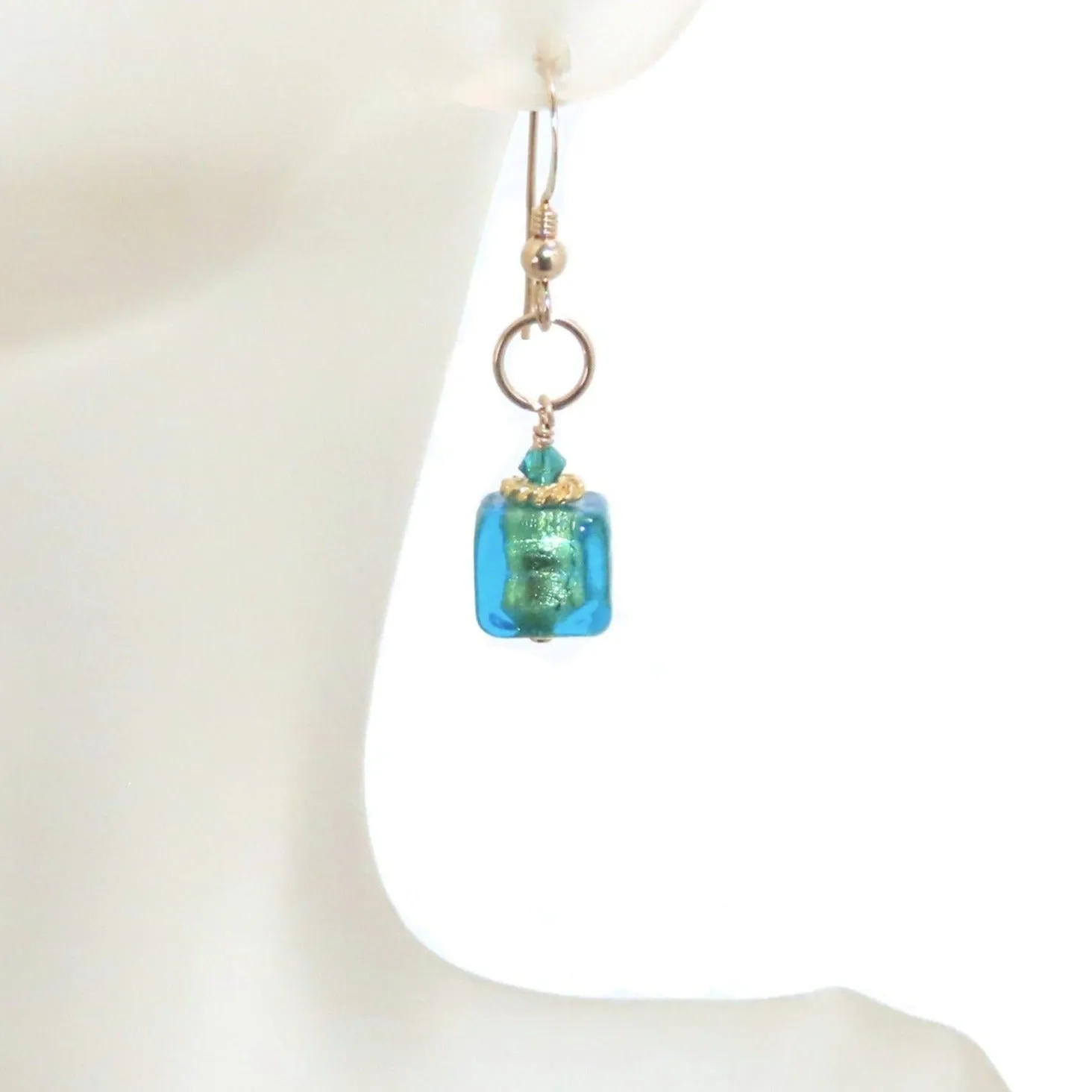 Murano Glass Aqua Cube Gold Earrings, Fishhook Earrings