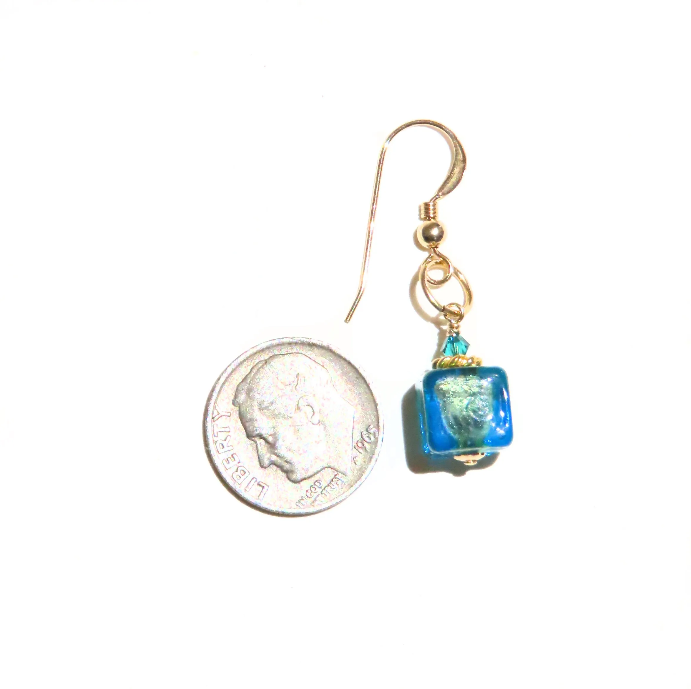 Murano Glass Aqua Cube Gold Earrings, Fishhook Earrings