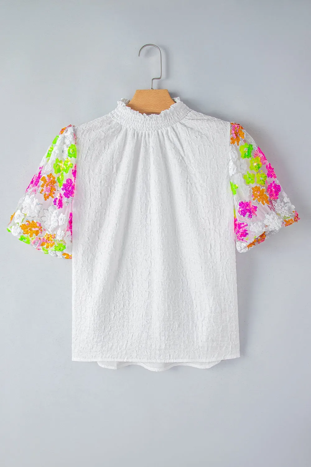 My Time To Shine Sequin Flower Mock Neck Poof Sleeve Blouse in White