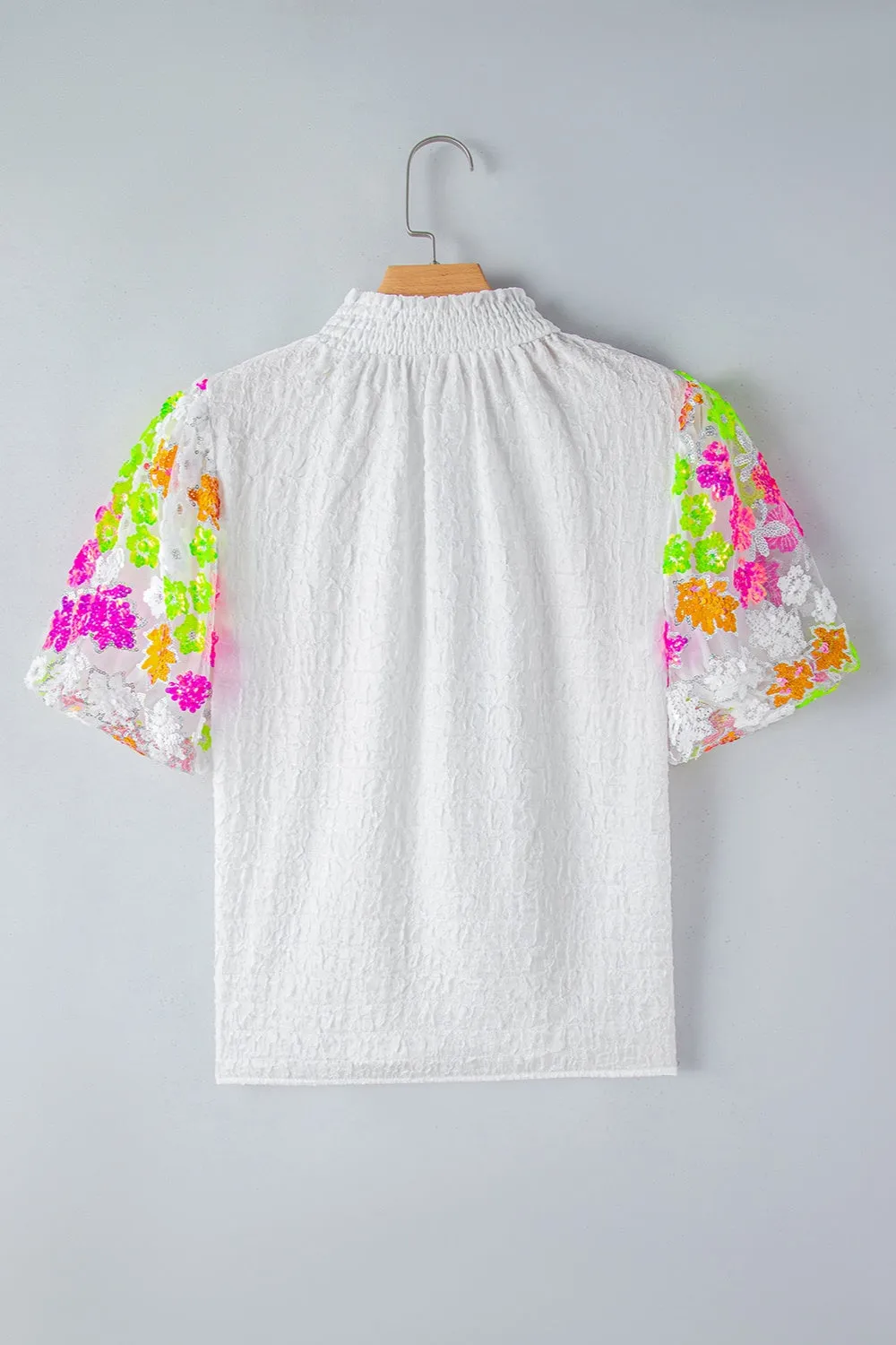 My Time To Shine Sequin Flower Mock Neck Poof Sleeve Blouse in White