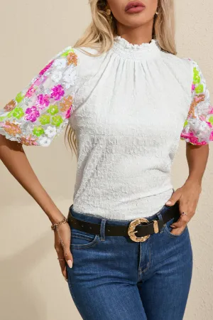 My Time To Shine Sequin Flower Mock Neck Poof Sleeve Blouse in White