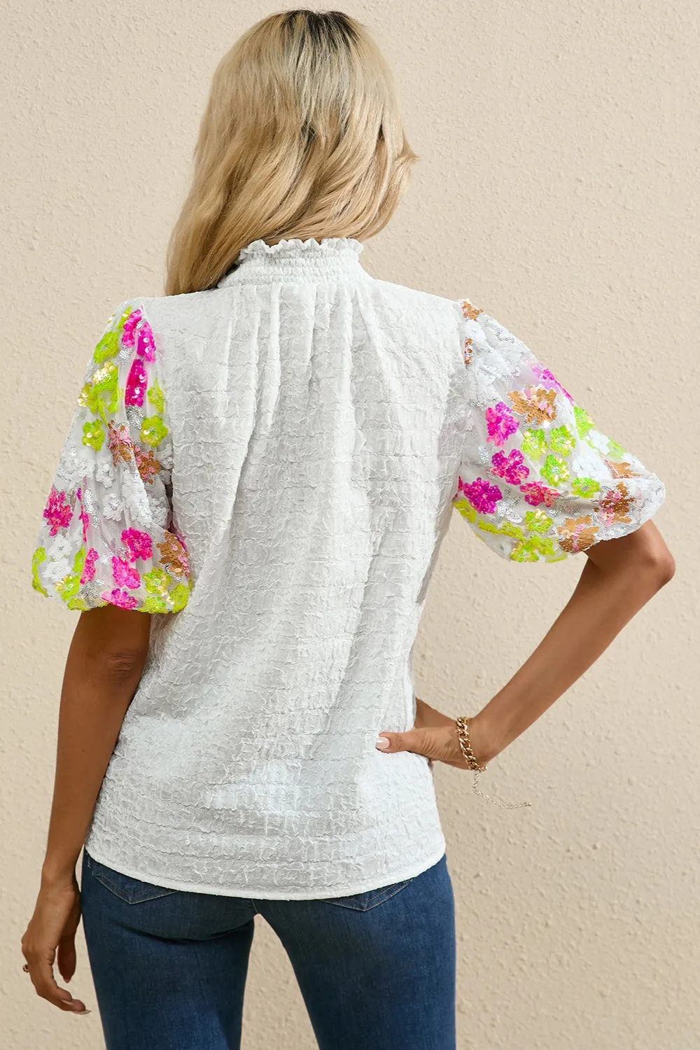 My Time To Shine Sequin Flower Mock Neck Poof Sleeve Blouse in White