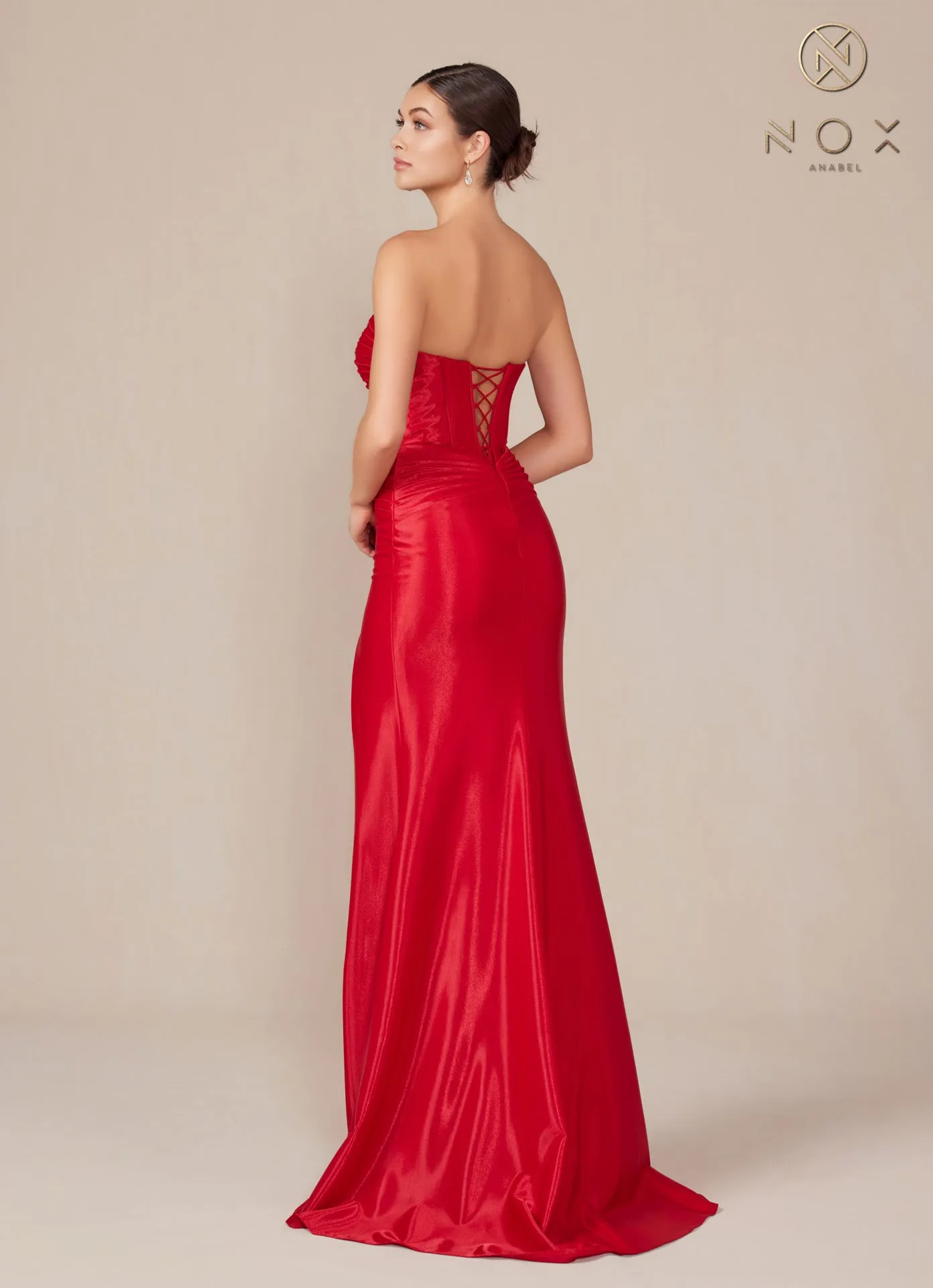 N T1489 - Strapless Stretch Satin Fit & Flare Prom Gown with Ruched Sweetheart Bodice Lace-Up Back & Leg Slit