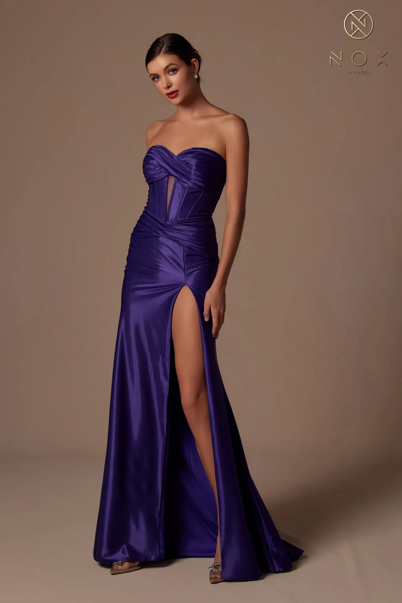 N T1489 - Strapless Stretch Satin Fit & Flare Prom Gown with Ruched Sweetheart Bodice Lace-Up Back & Leg Slit
