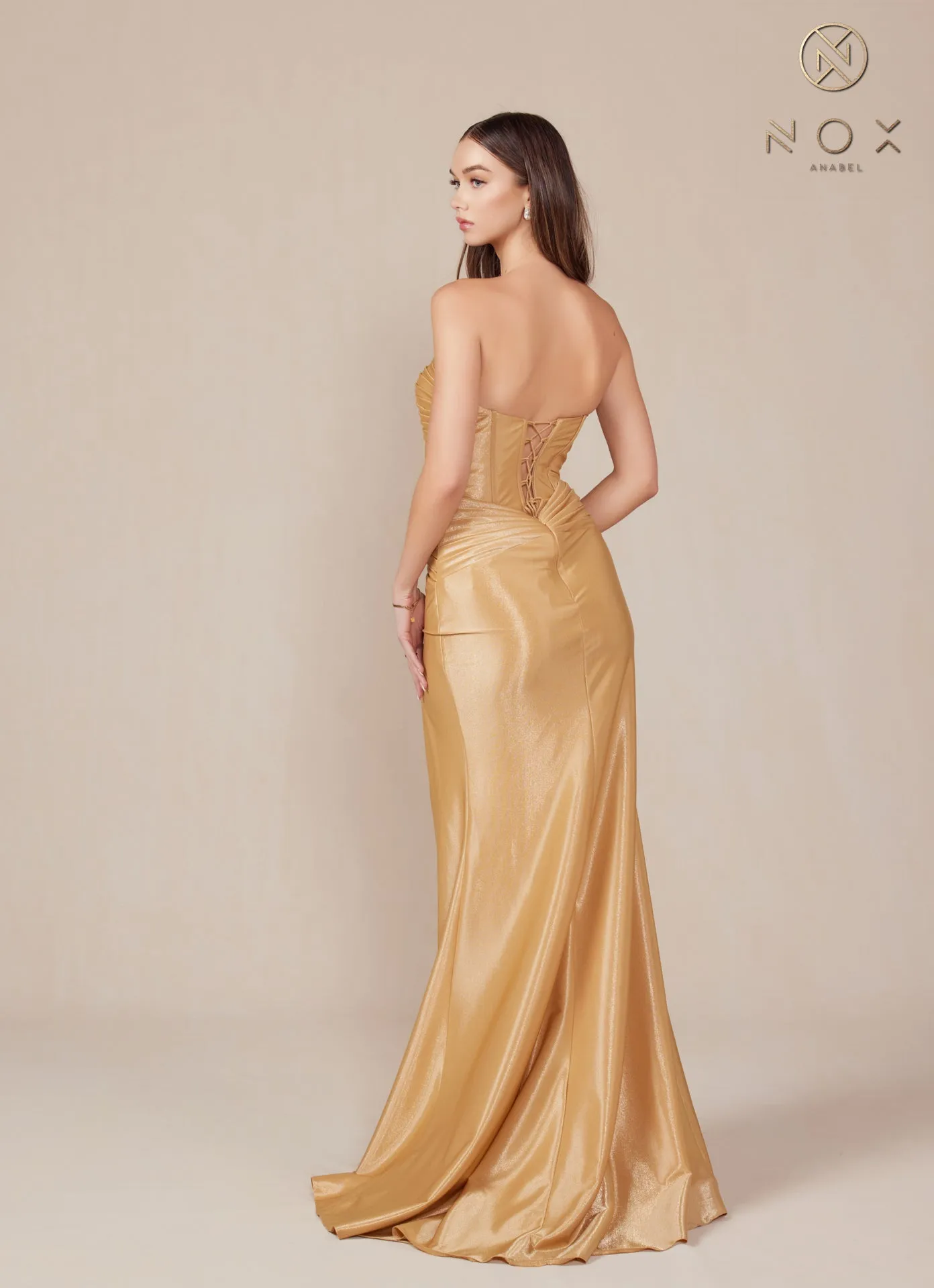N T1489 - Strapless Stretch Satin Fit & Flare Prom Gown with Ruched Sweetheart Bodice Lace-Up Back & Leg Slit