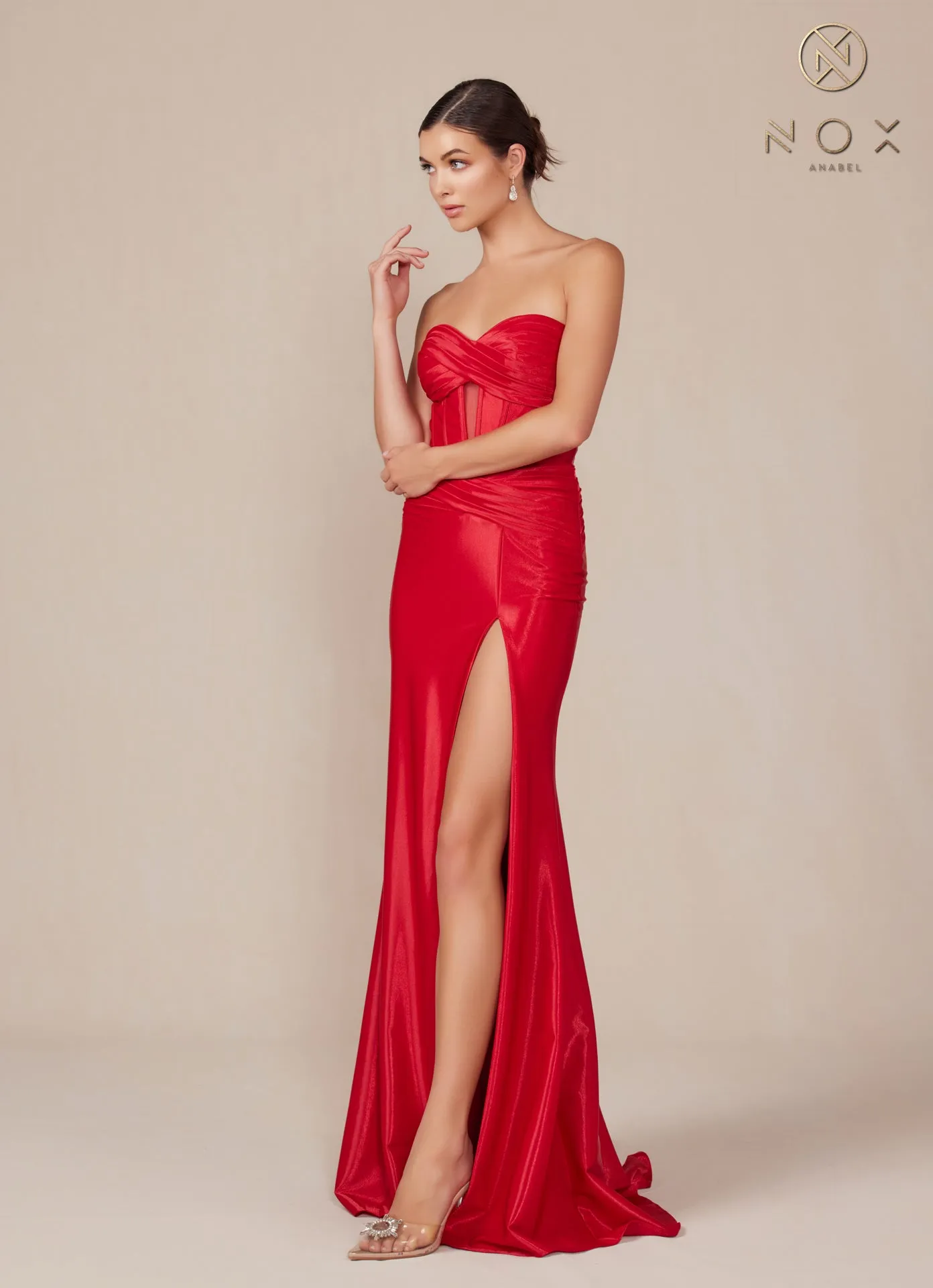 N T1489 - Strapless Stretch Satin Fit & Flare Prom Gown with Ruched Sweetheart Bodice Lace-Up Back & Leg Slit
