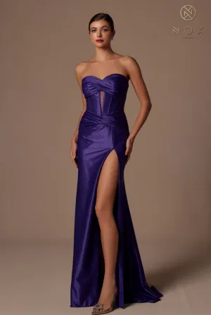 N T1489 - Strapless Stretch Satin Fit & Flare Prom Gown with Ruched Sweetheart Bodice Lace-Up Back & Leg Slit
