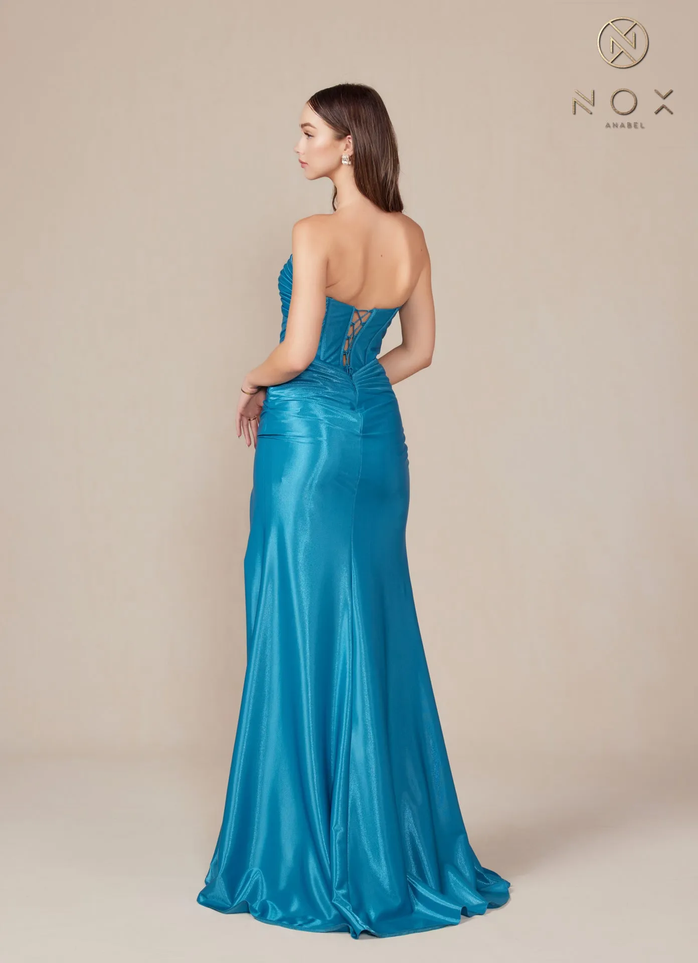 N T1489 - Strapless Stretch Satin Fit & Flare Prom Gown with Ruched Sweetheart Bodice Lace-Up Back & Leg Slit