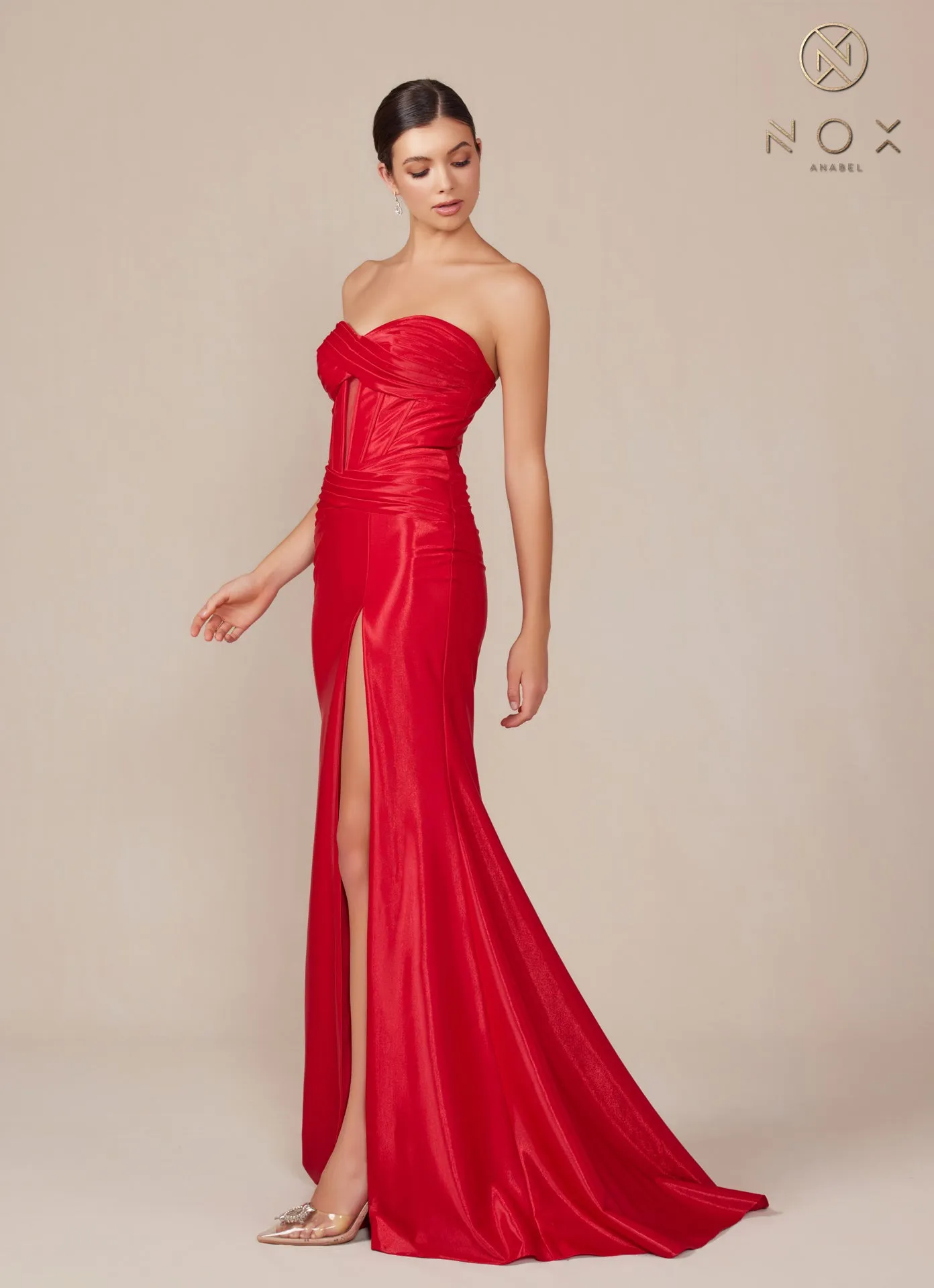 N T1489 - Strapless Stretch Satin Fit & Flare Prom Gown with Ruched Sweetheart Bodice Lace-Up Back & Leg Slit