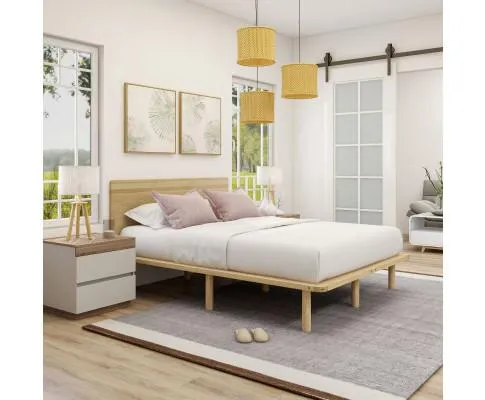 Natural Solid Wood Bed Frame Bed Base with Headboard