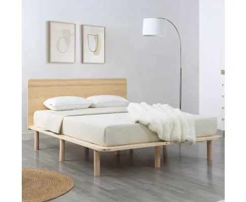Natural Solid Wood Bed Frame Bed Base with Headboard