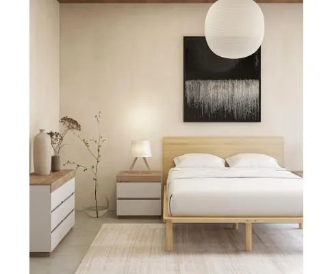 Natural Solid Wood Bed Frame Bed Base with Headboard