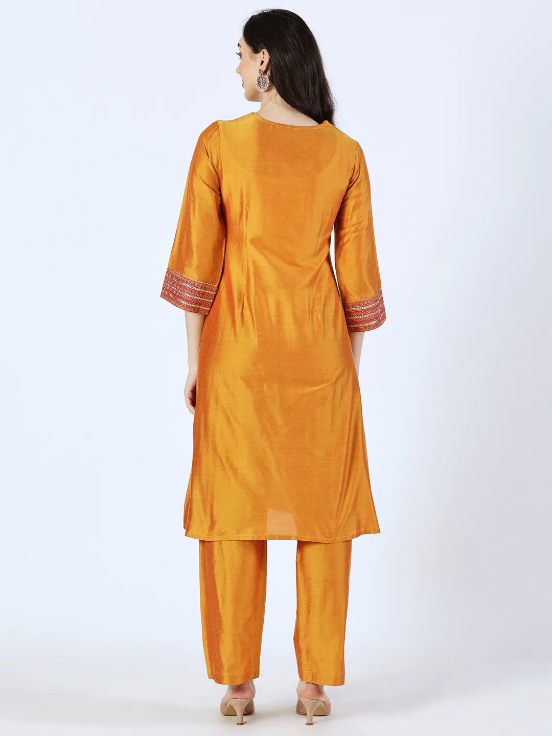 Orange Art Silk Embroidered Lace Kurta and Palazzo Set