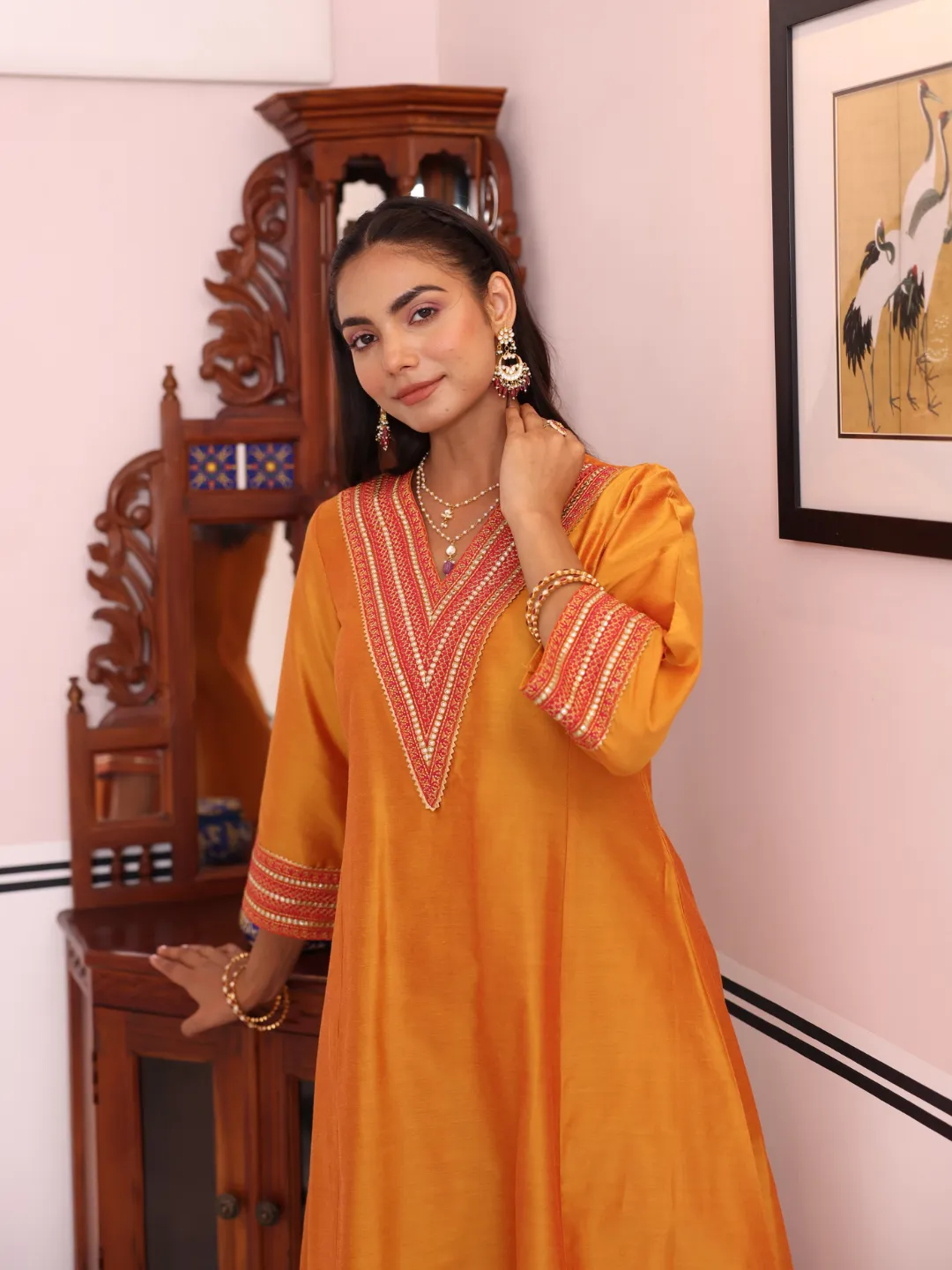 Orange Art Silk Embroidered Lace Kurta and Palazzo Set