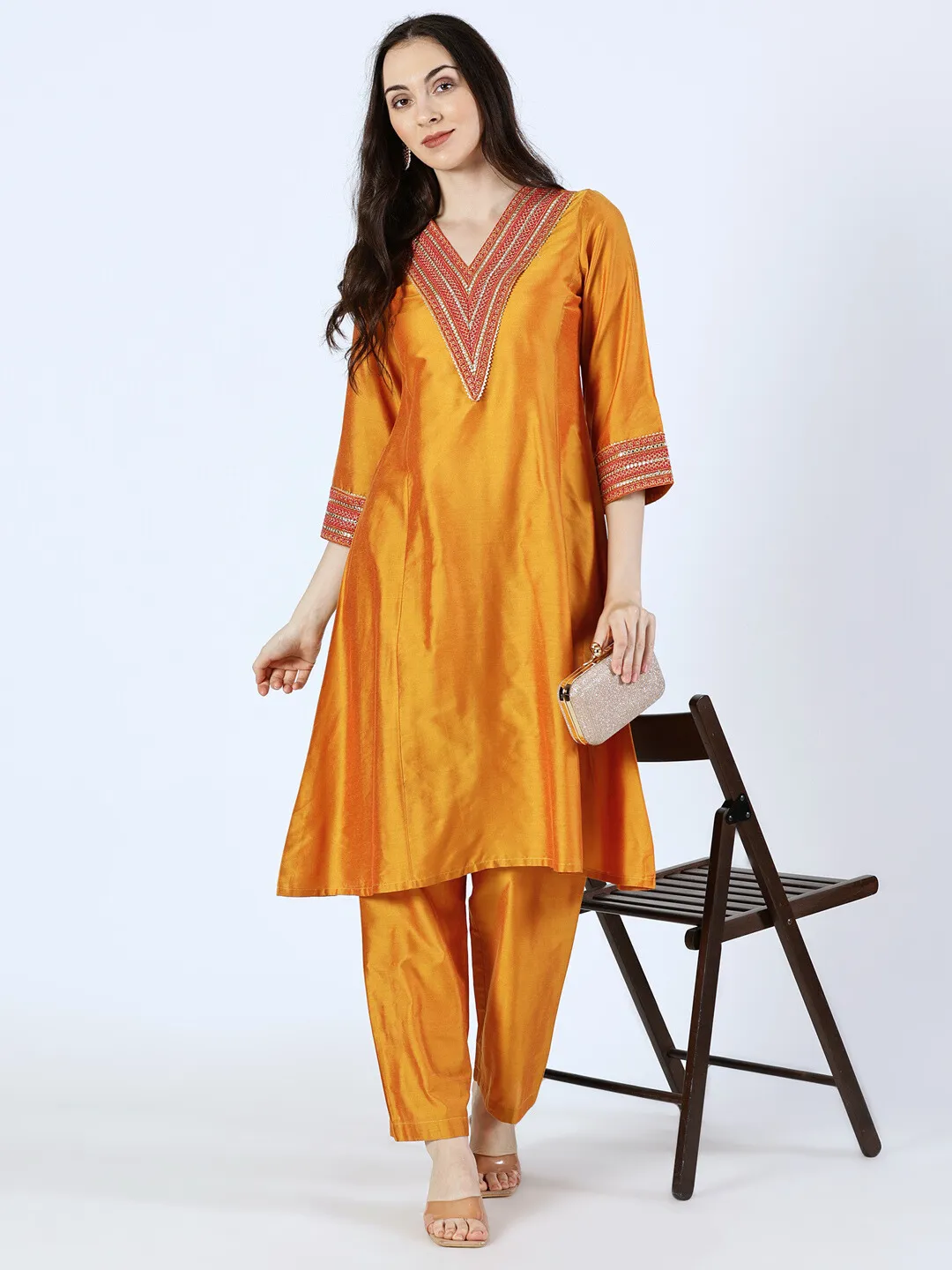 Orange Art Silk Embroidered Lace Kurta and Palazzo Set