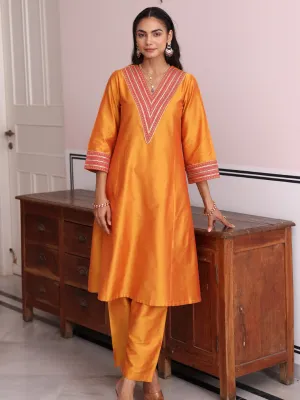 Orange Art Silk Embroidered Lace Kurta and Palazzo Set
