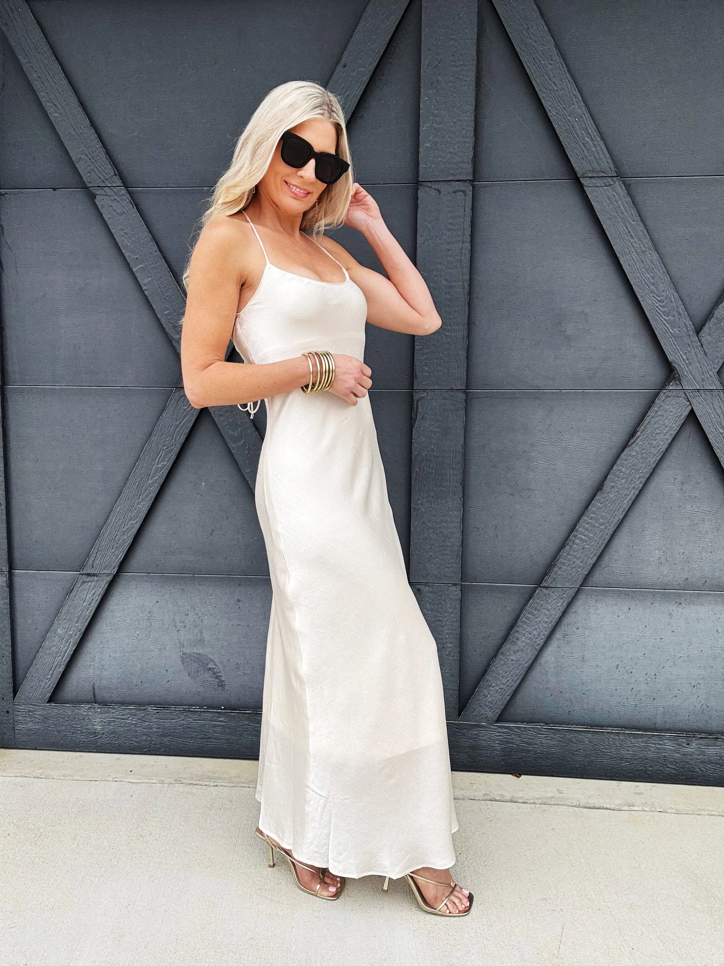 Paula Bias Satin Slip Dress In Pearl
