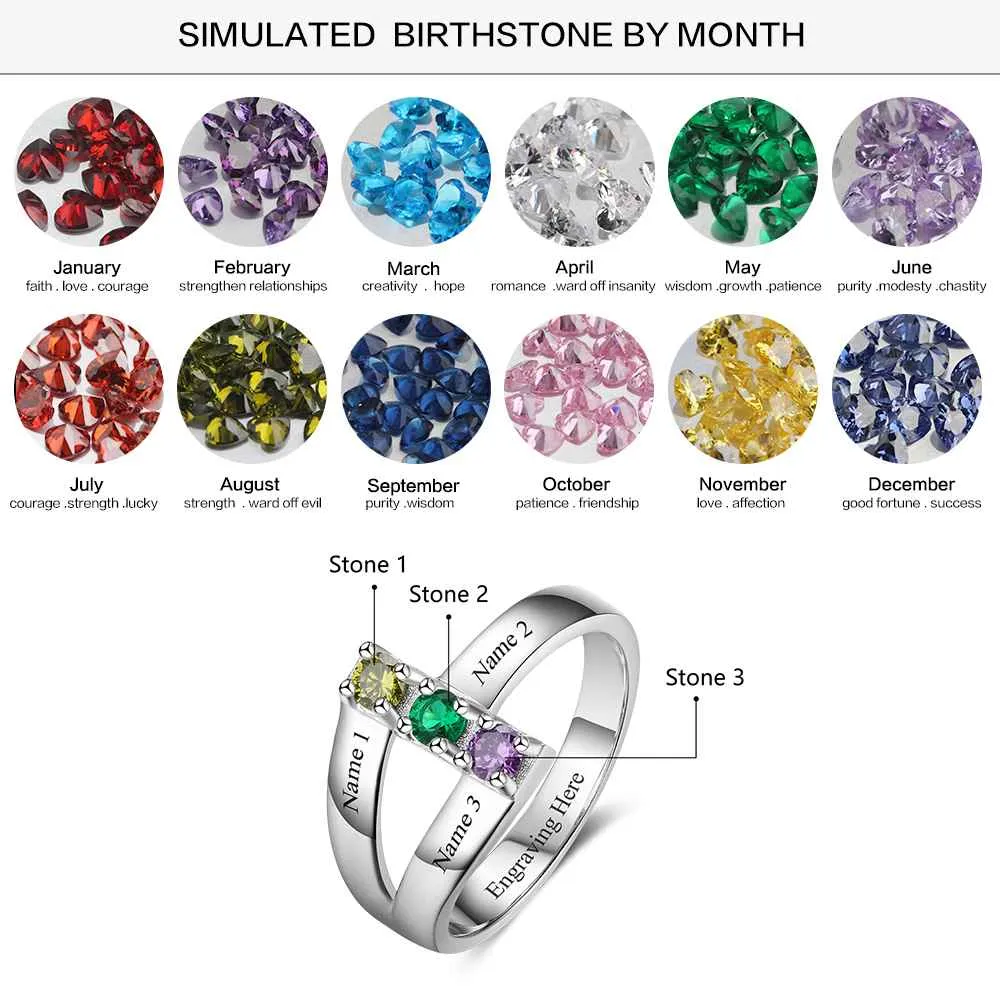 Personalized 925 Sterling Silver Ring with Birthstone setting, Special Gift for Mother with Names of Children Engravings, Gift for Family Member