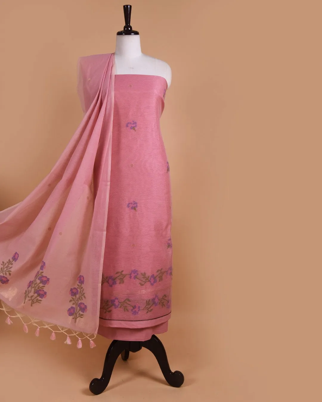 Pink Chanderi Silk Woven Unstitched Suit Fabric Set With Chanderi Silk Dupatta