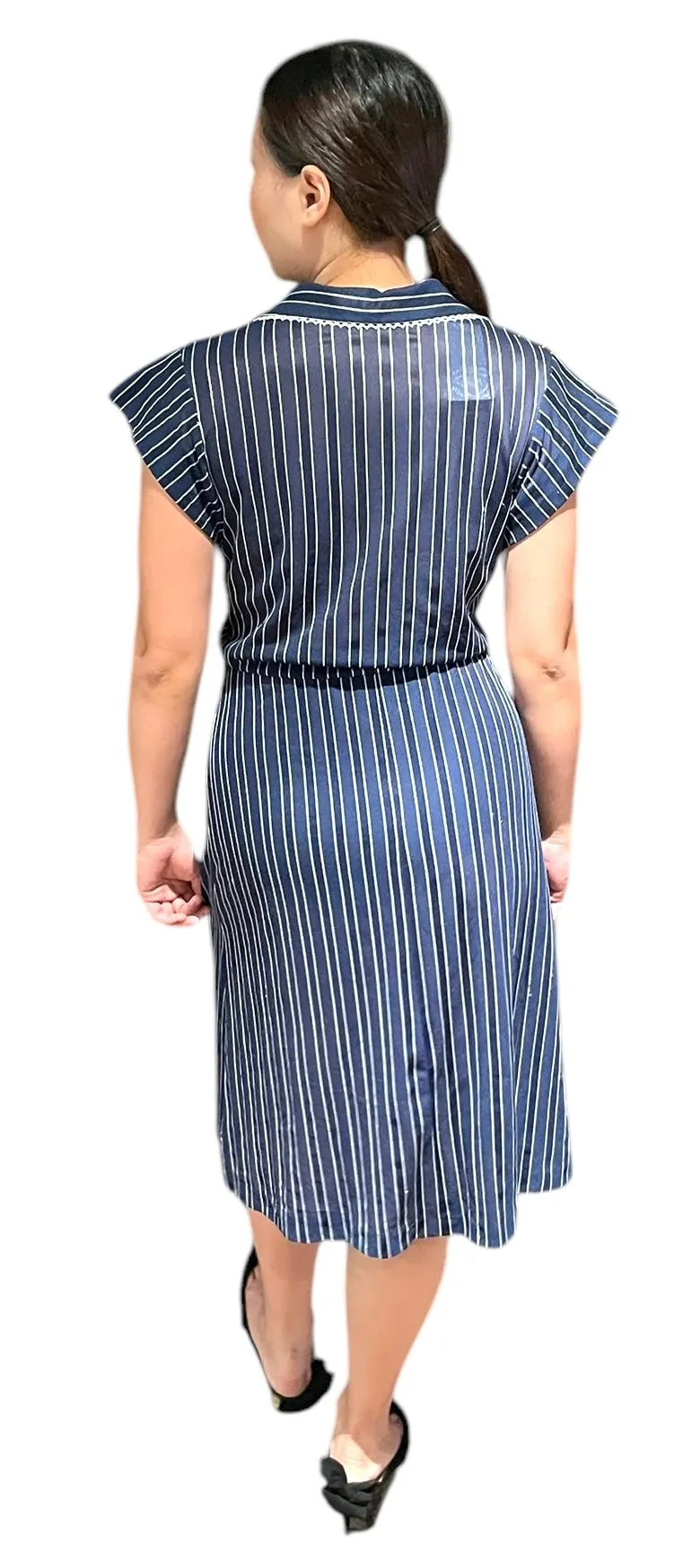 Preppy Stripes - Navy Striped  Nautical Cap Sleeve Vintage Dress