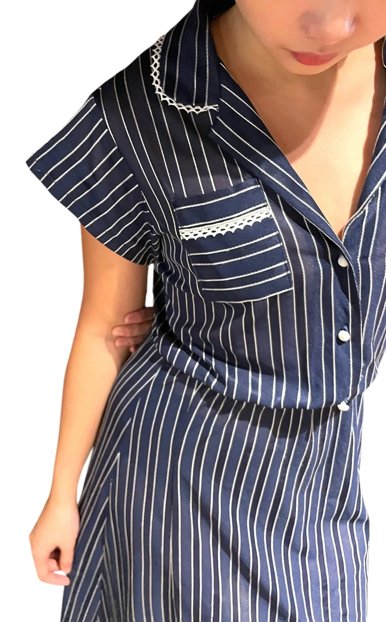 Preppy Stripes - Navy Striped  Nautical Cap Sleeve Vintage Dress