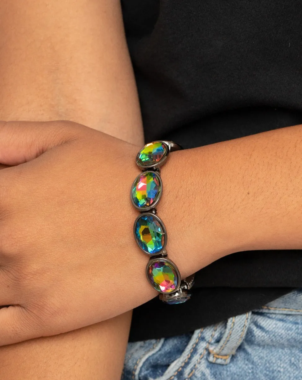 "Diva in Disguise" Black Metal Multi Color Oil Spill Rainbow Stretch Bracelet