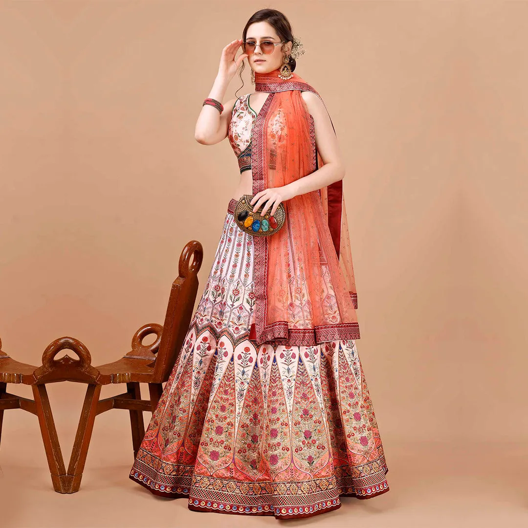 Red and Off-white Lehenga Set