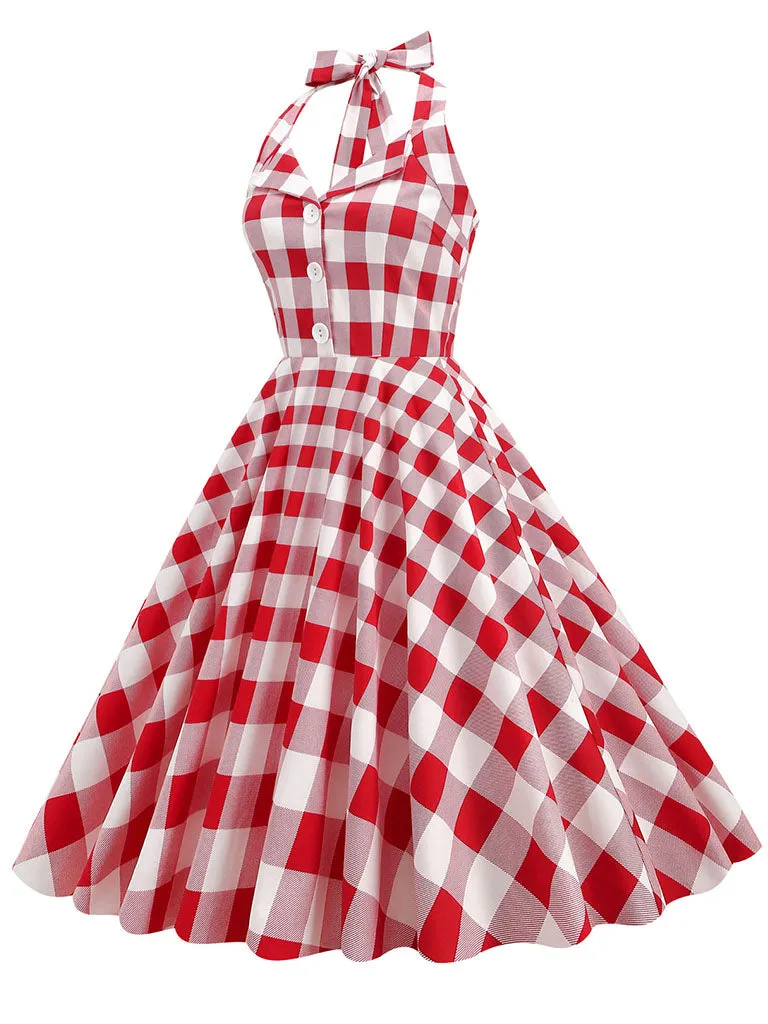 Red And White Plaid Pockets Vintage Halter 1950S Dress With Button