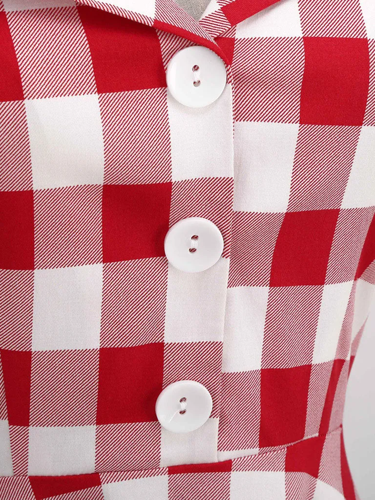 Red And White Plaid Pockets Vintage Halter 1950S Dress With Button