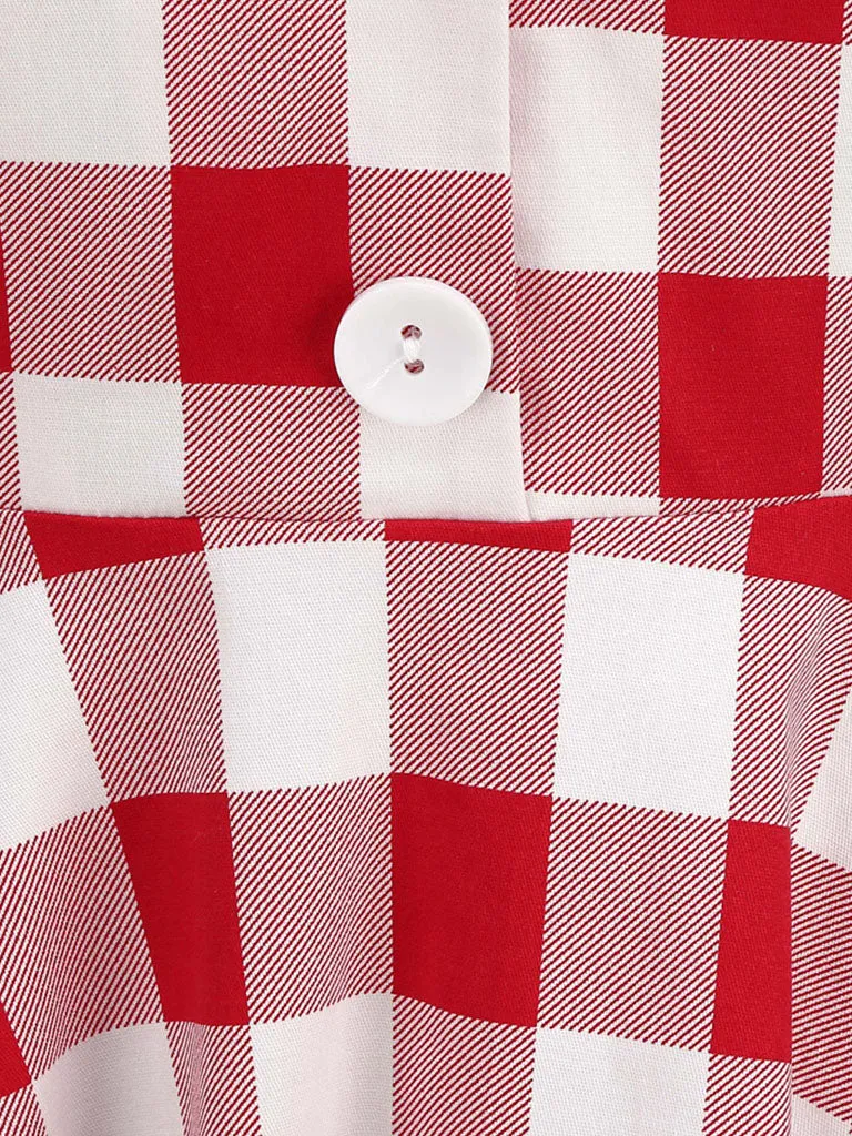 Red And White Plaid Pockets Vintage Halter 1950S Dress With Button