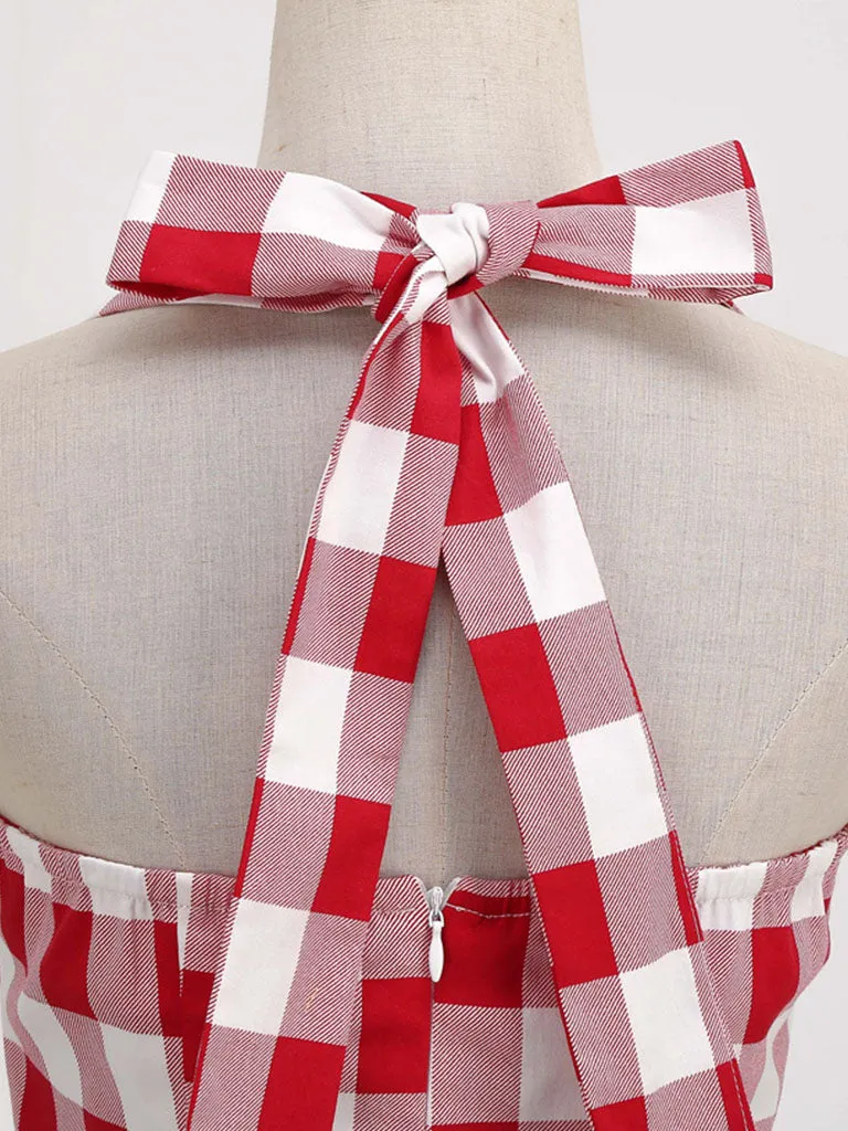 Red And White Plaid Pockets Vintage Halter 1950S Dress With Button