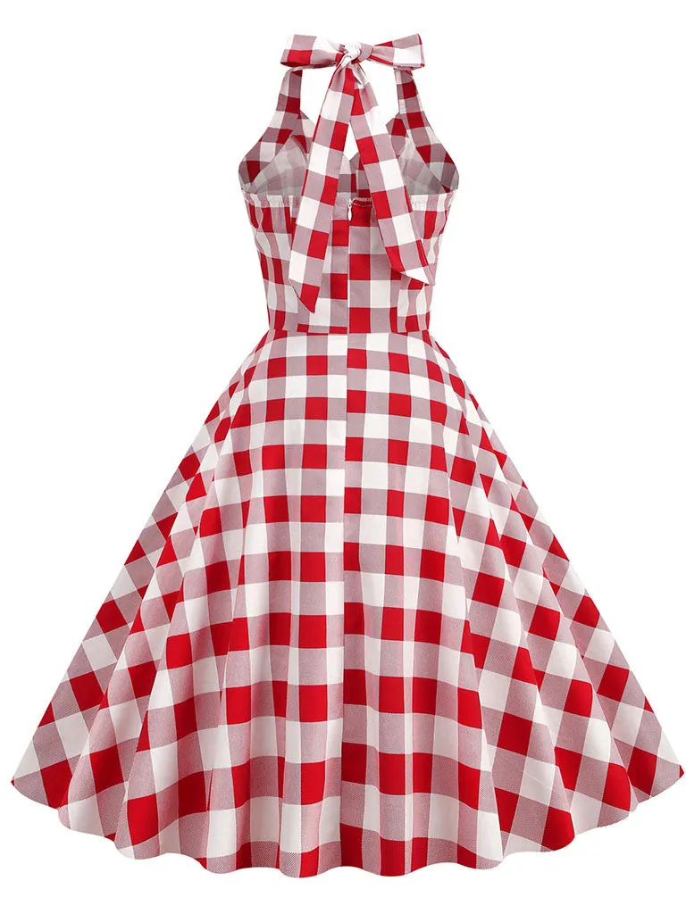 Red And White Plaid Pockets Vintage Halter 1950S Dress With Button
