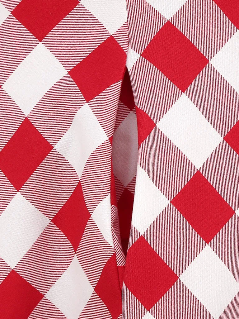 Red And White Plaid Pockets Vintage Halter 1950S Dress With Button