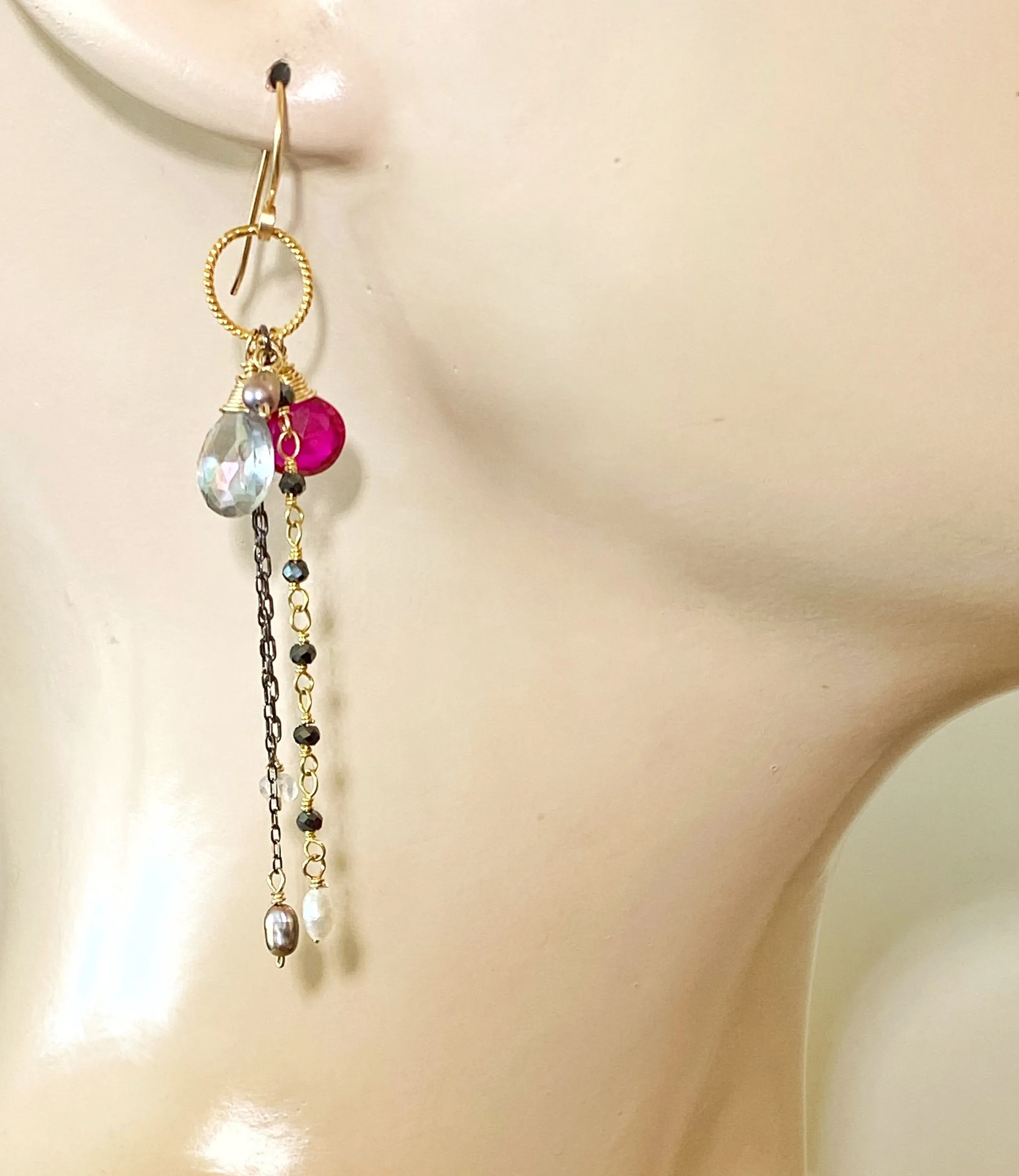 Red Topaz Mystic Topaz Gemstone Multicolor Mixed Metal Dangle Earrings