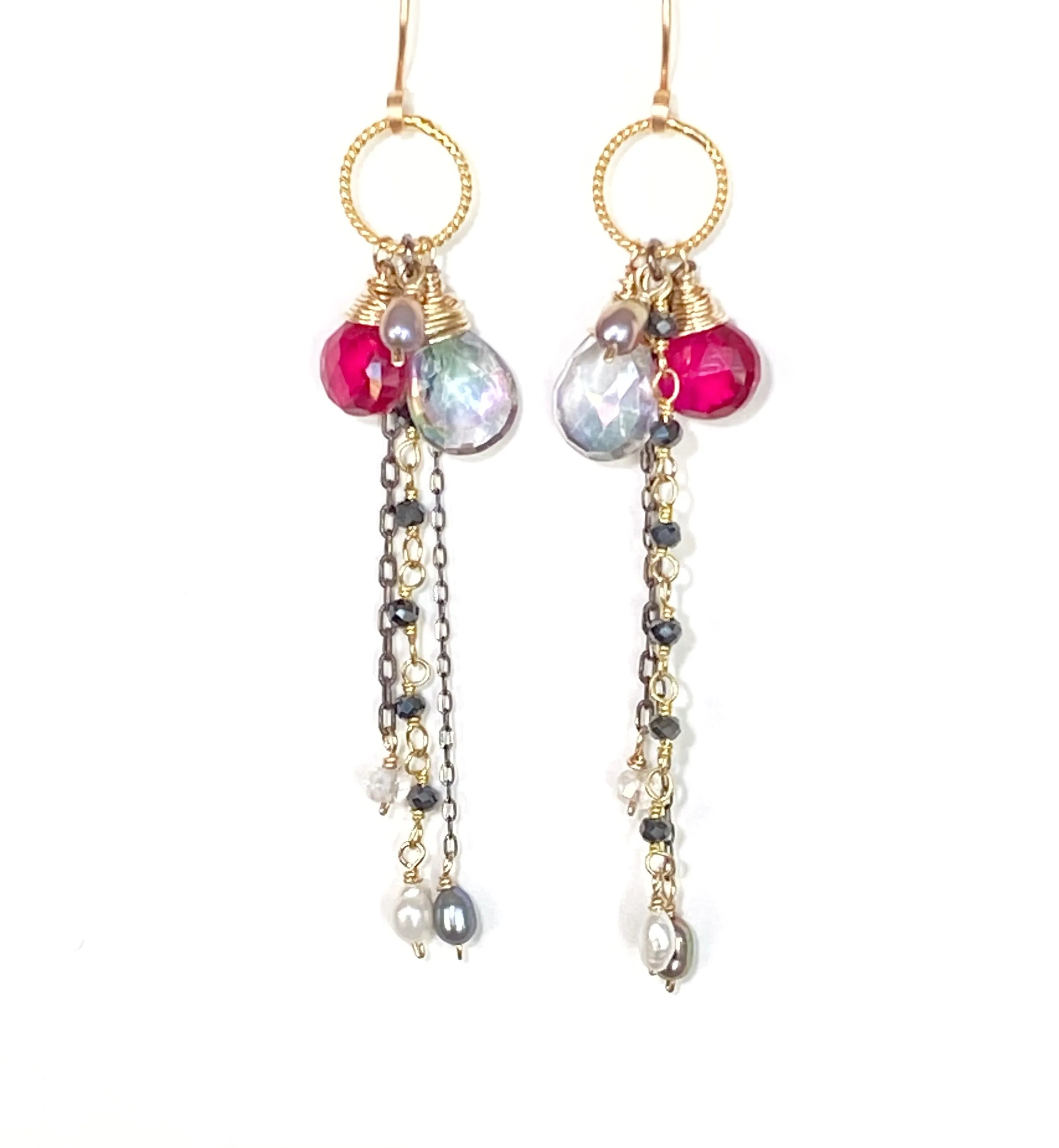 Red Topaz Mystic Topaz Gemstone Multicolor Mixed Metal Dangle Earrings