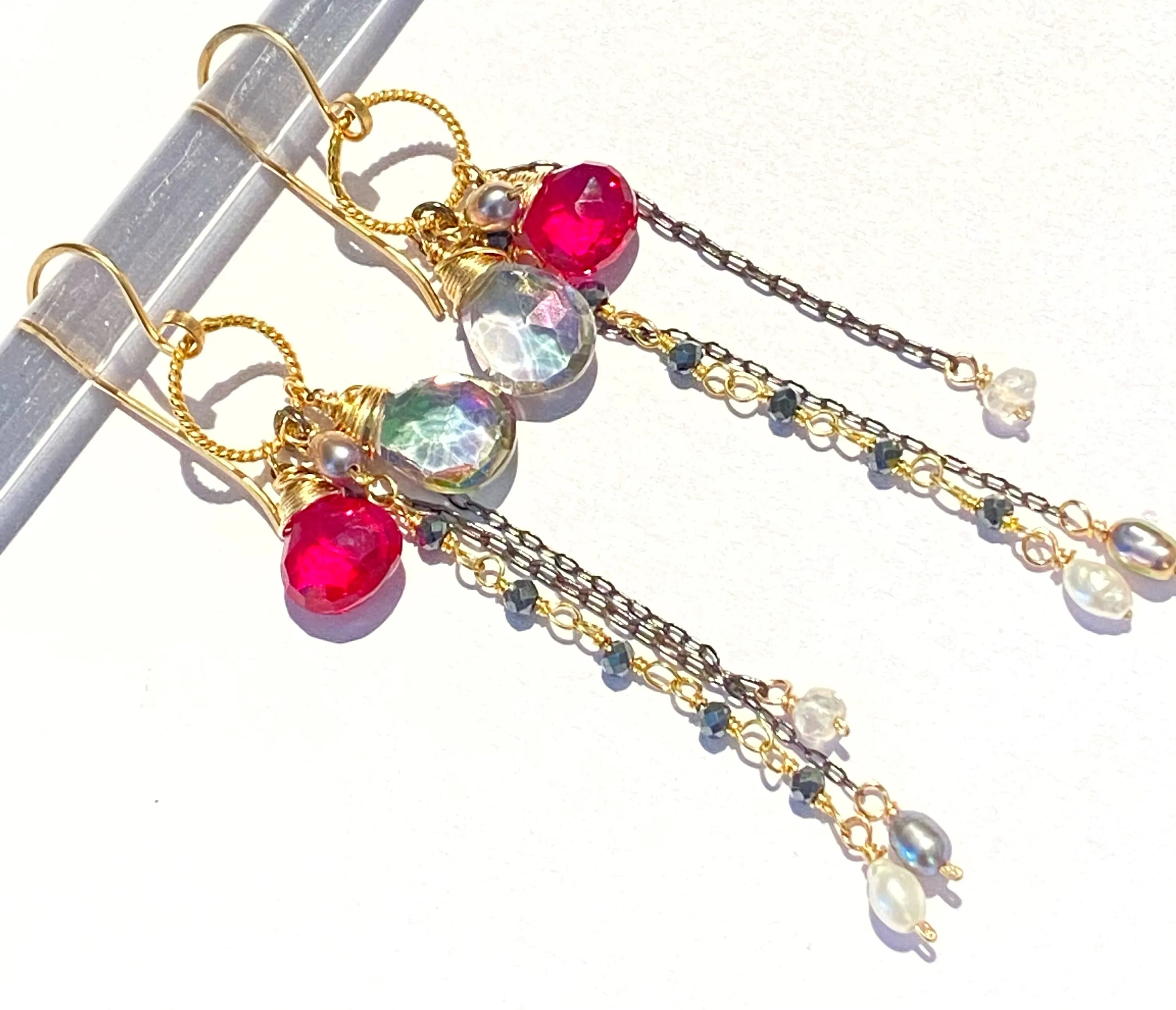 Red Topaz Mystic Topaz Gemstone Multicolor Mixed Metal Dangle Earrings