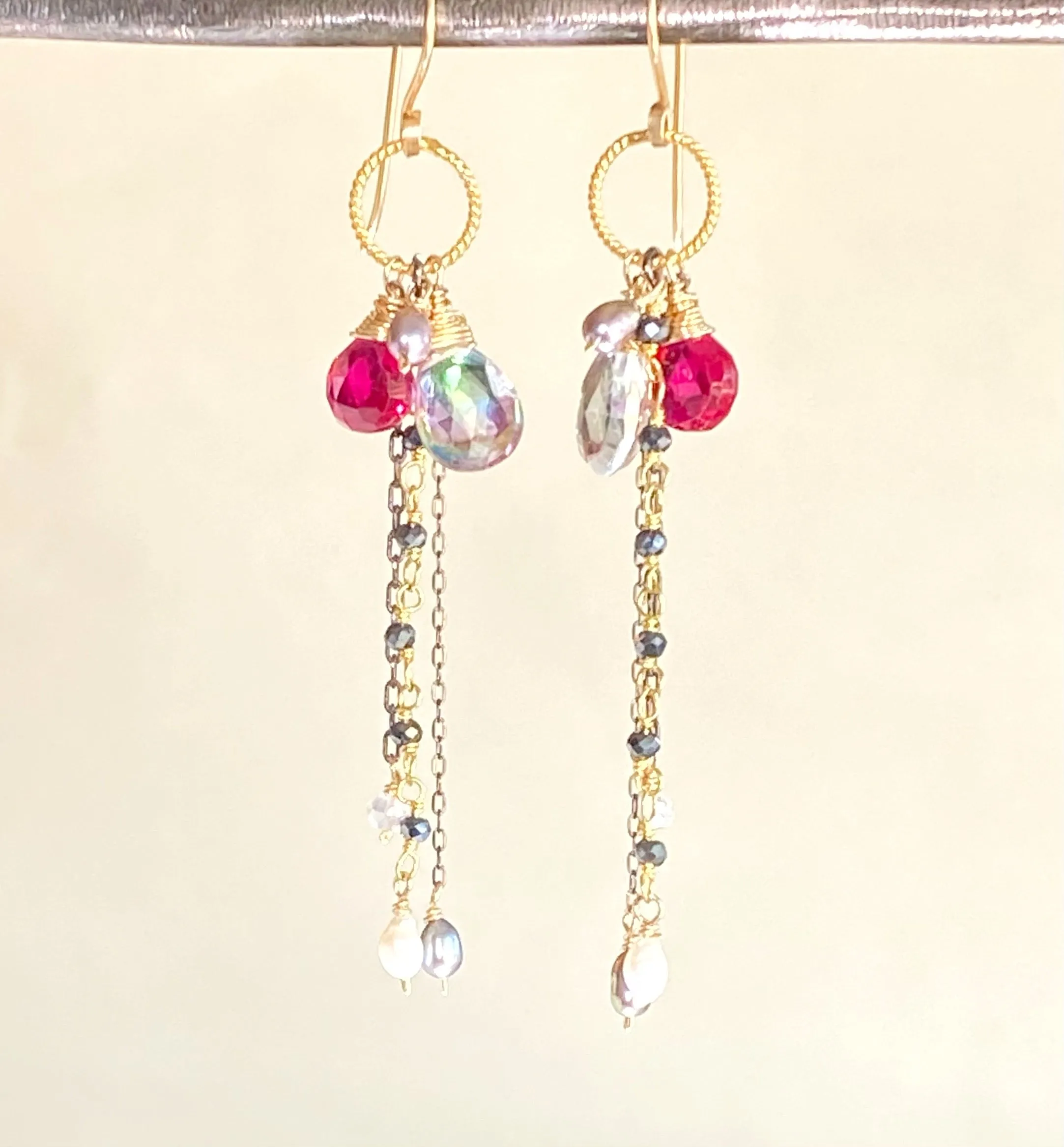 Red Topaz Mystic Topaz Gemstone Multicolor Mixed Metal Dangle Earrings