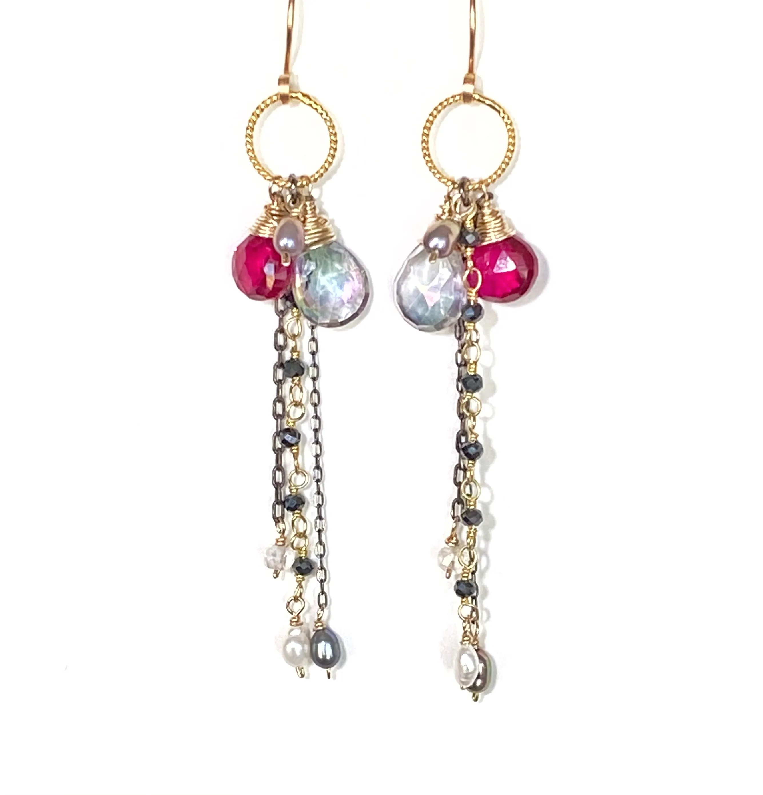 Red Topaz Mystic Topaz Gemstone Multicolor Mixed Metal Dangle Earrings