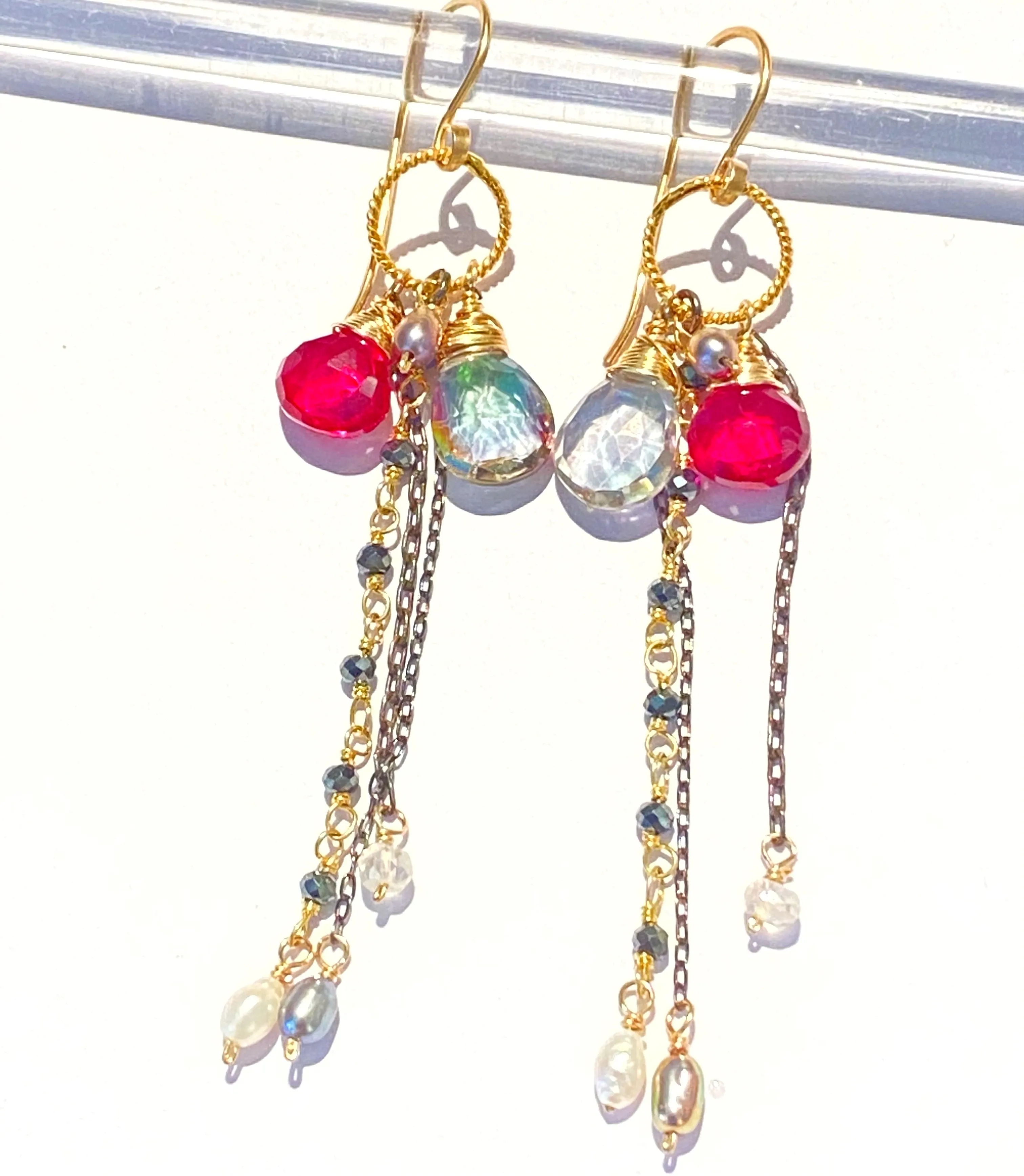Red Topaz Mystic Topaz Gemstone Multicolor Mixed Metal Dangle Earrings