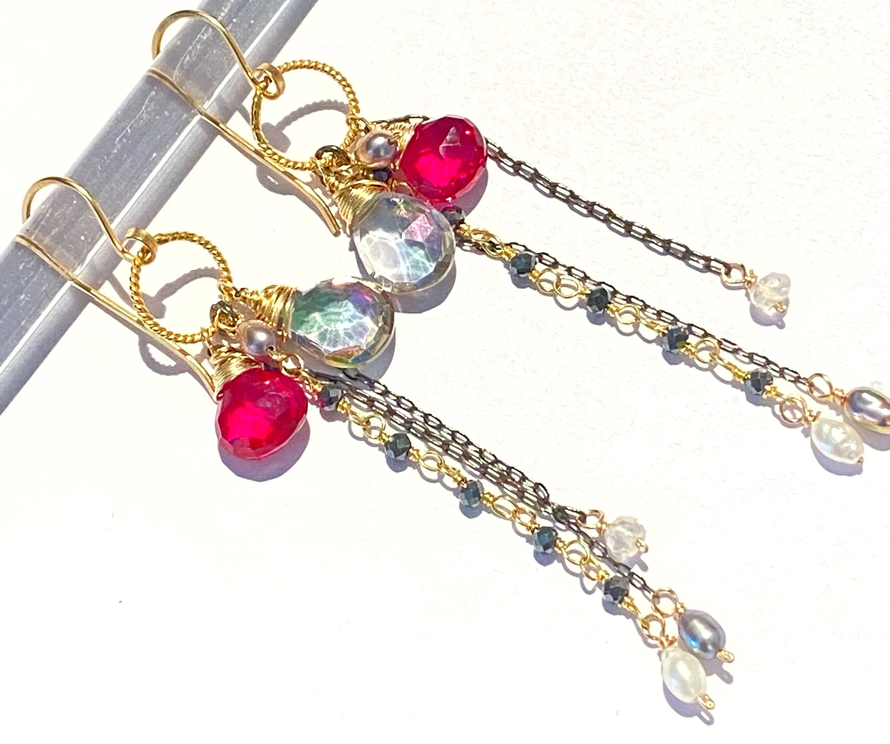 Red Topaz Mystic Topaz Gemstone Multicolor Mixed Metal Dangle Earrings