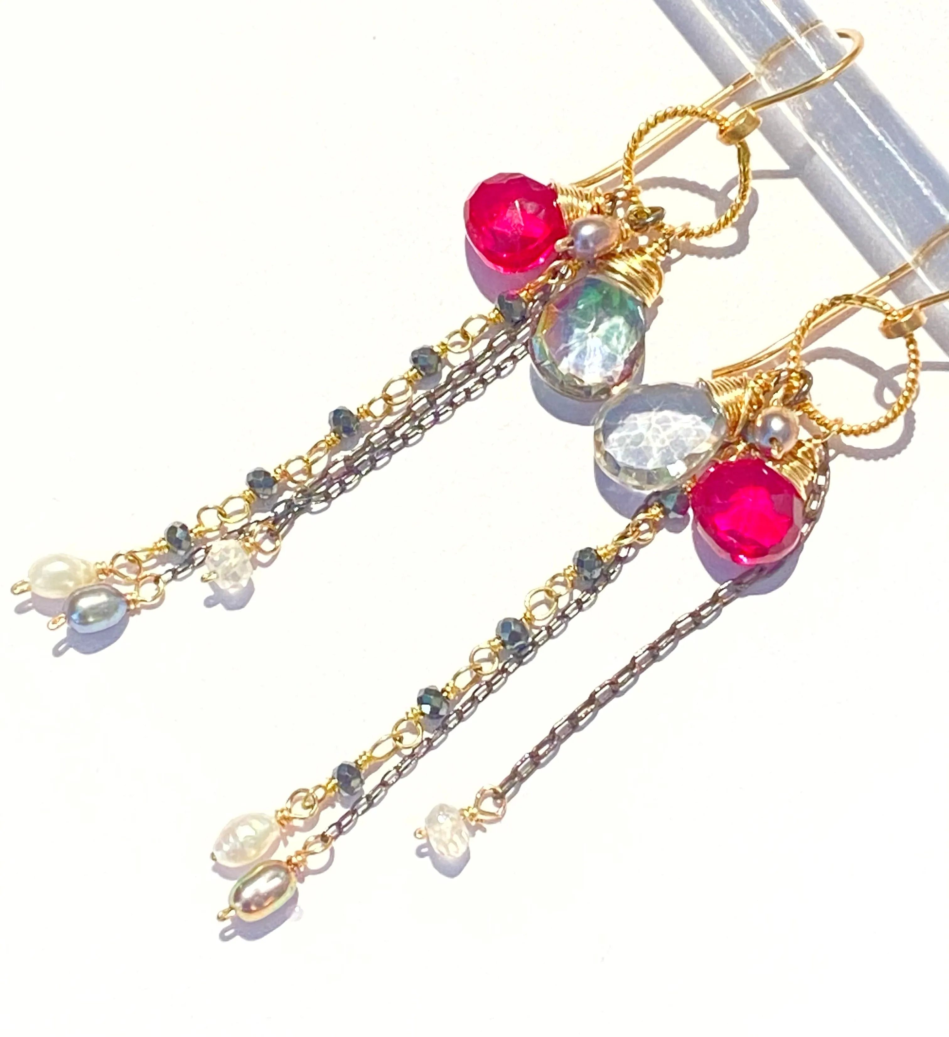 Red Topaz Mystic Topaz Gemstone Multicolor Mixed Metal Dangle Earrings