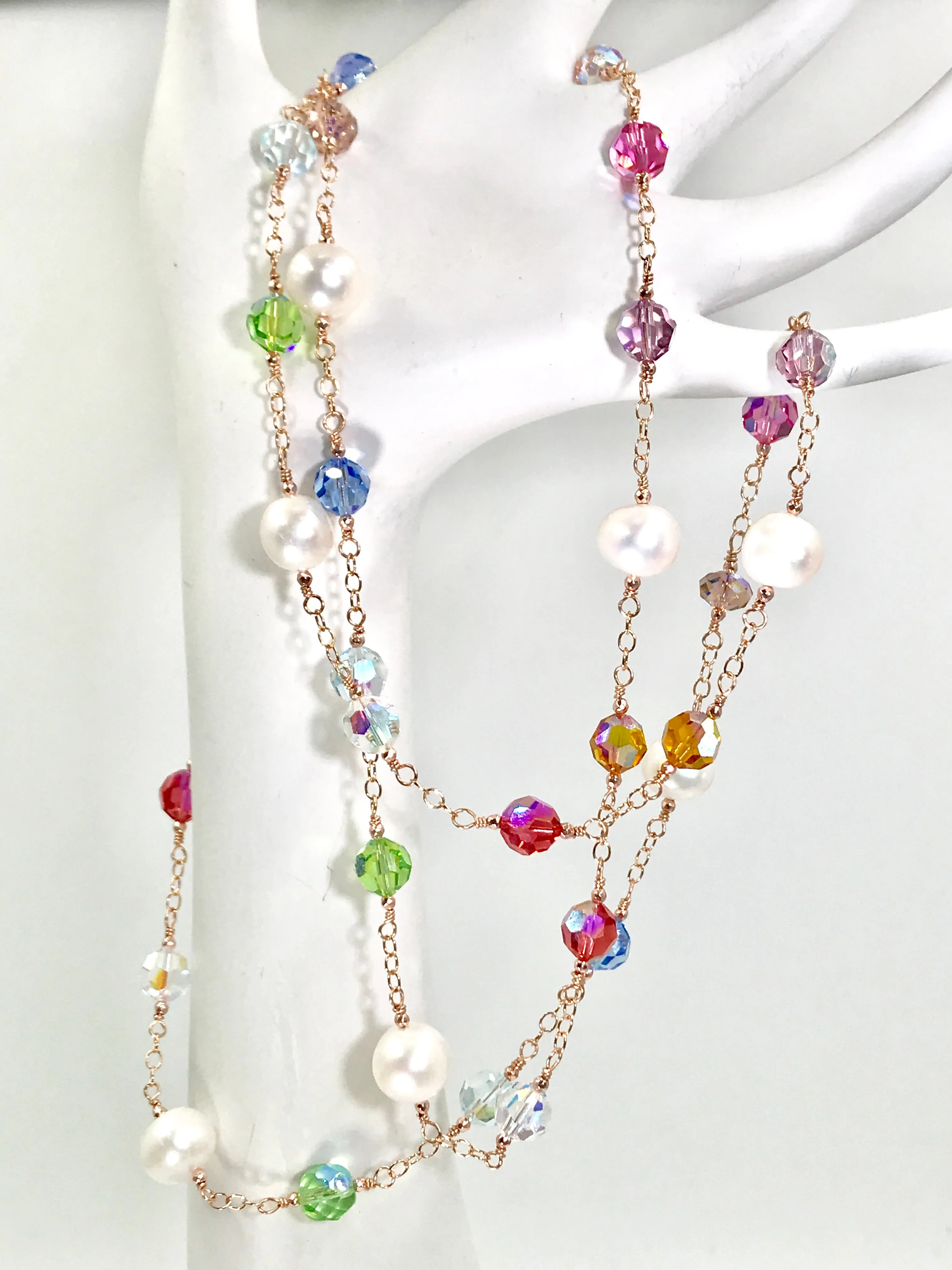 Rose Gold Pearl Swarovski Crystal Long Sautoir Necklace Rosary Style