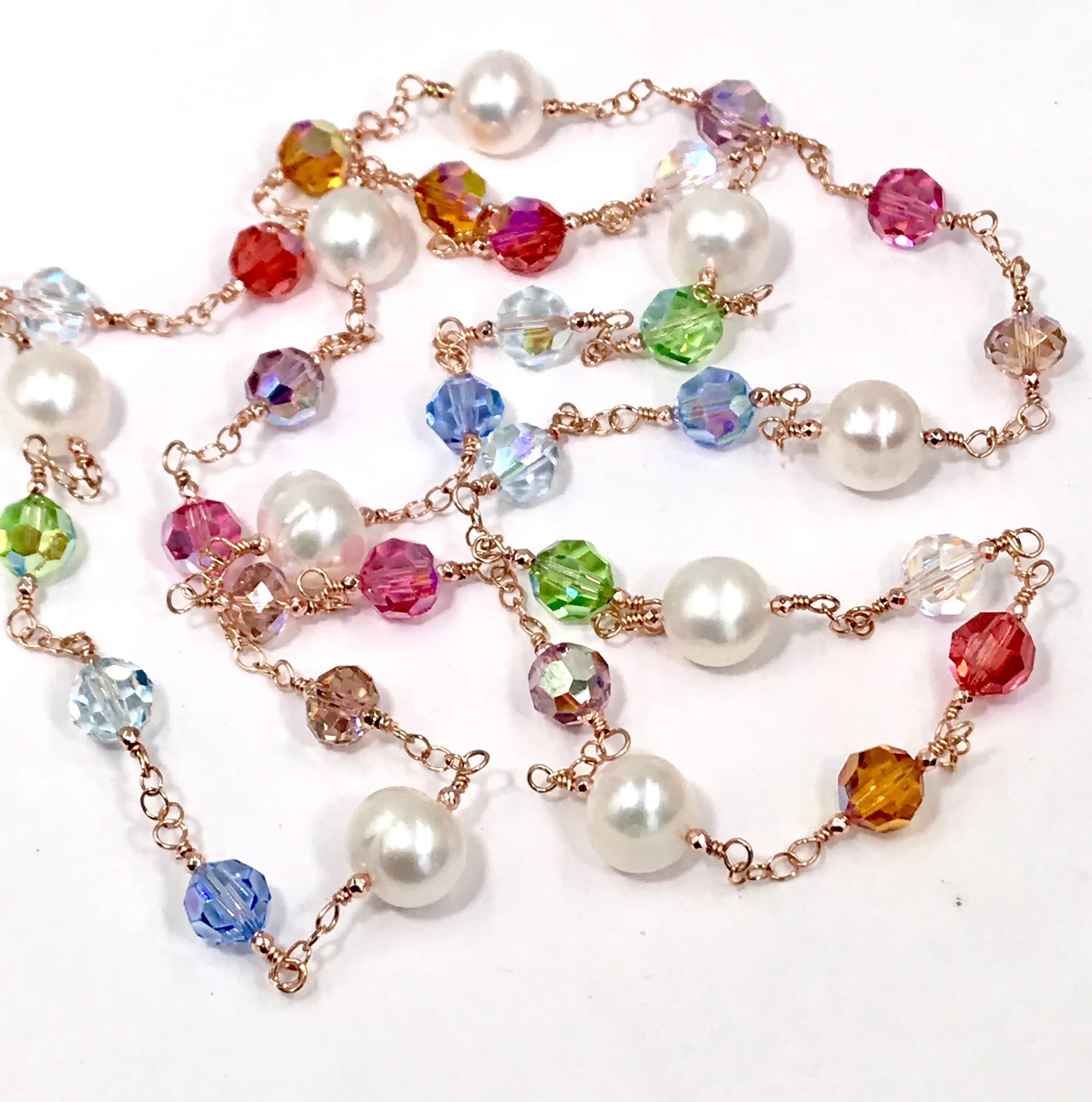 Rose Gold Pearl Swarovski Crystal Long Sautoir Necklace Rosary Style
