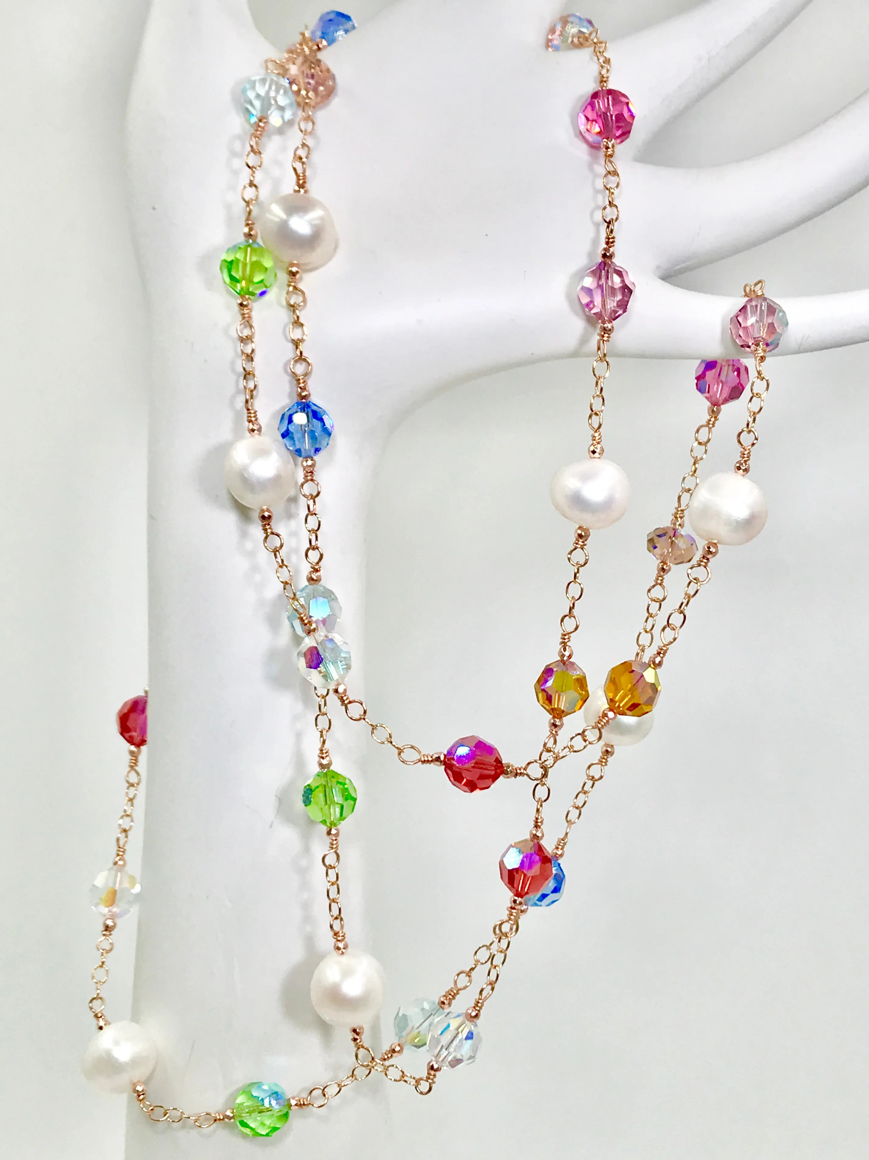 Rose Gold Pearl Swarovski Crystal Long Sautoir Necklace Rosary Style