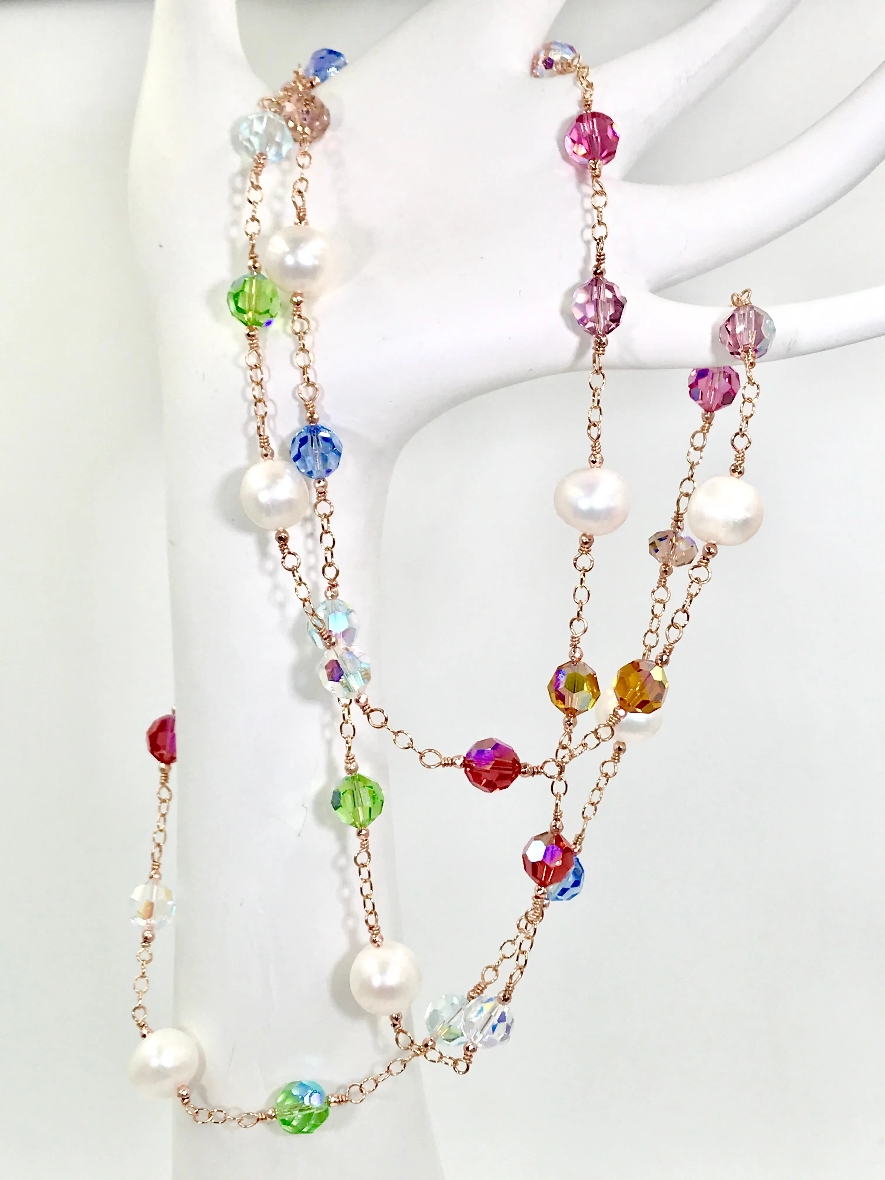 Rose Gold Pearl Swarovski Crystal Long Sautoir Necklace Rosary Style