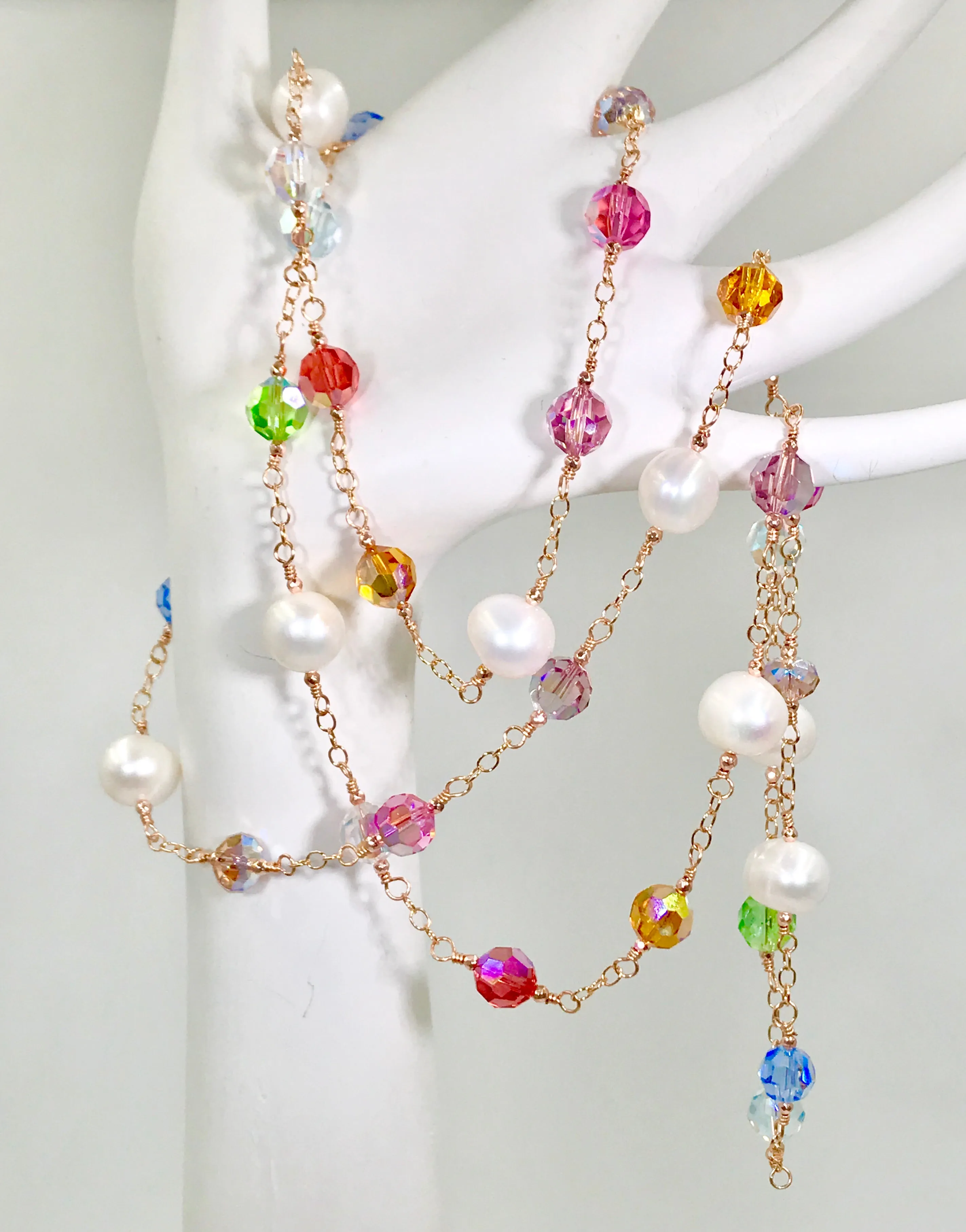 Rose Gold Pearl Swarovski Crystal Long Sautoir Necklace Rosary Style