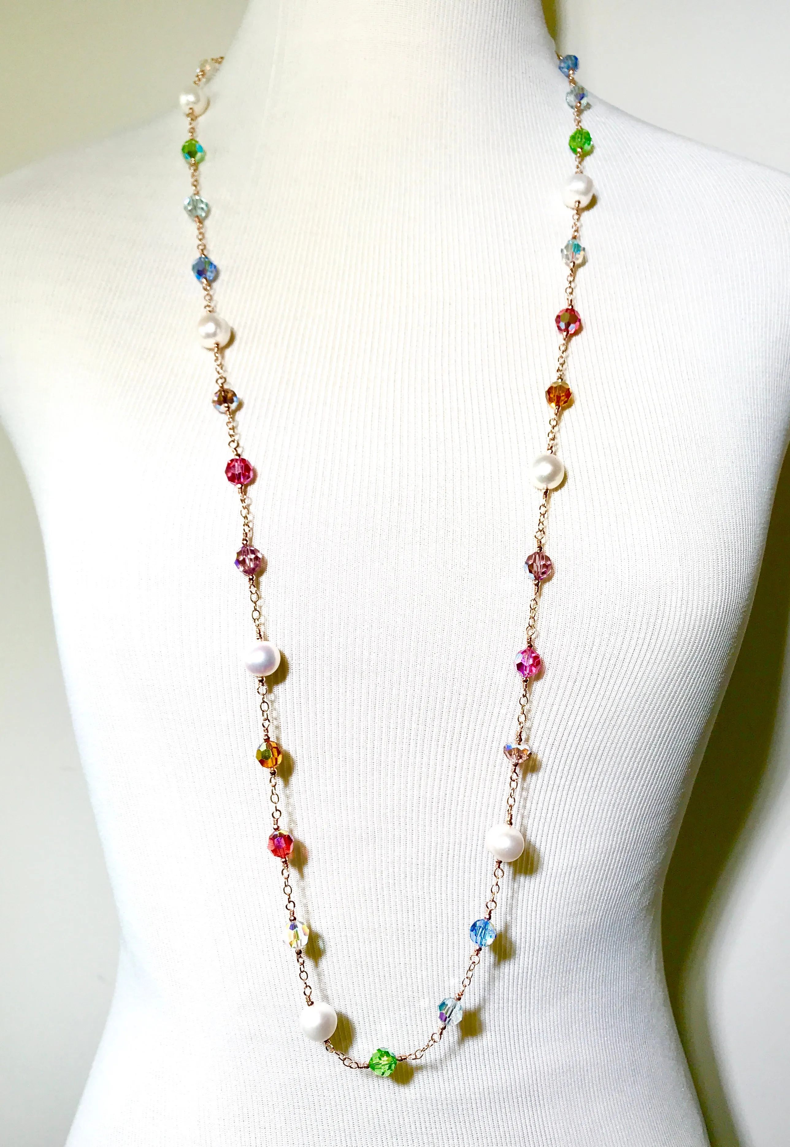Rose Gold Pearl Swarovski Crystal Long Sautoir Necklace Rosary Style