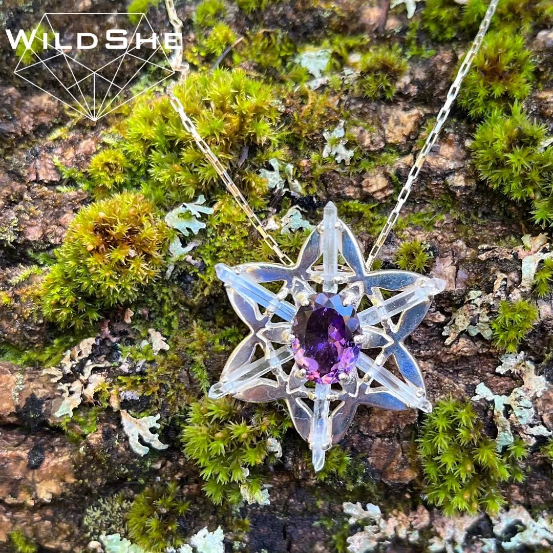 Seed of Light Manifestation Pendant with Rainbow Moonstone, Quartz Crystals & Sterling Silver